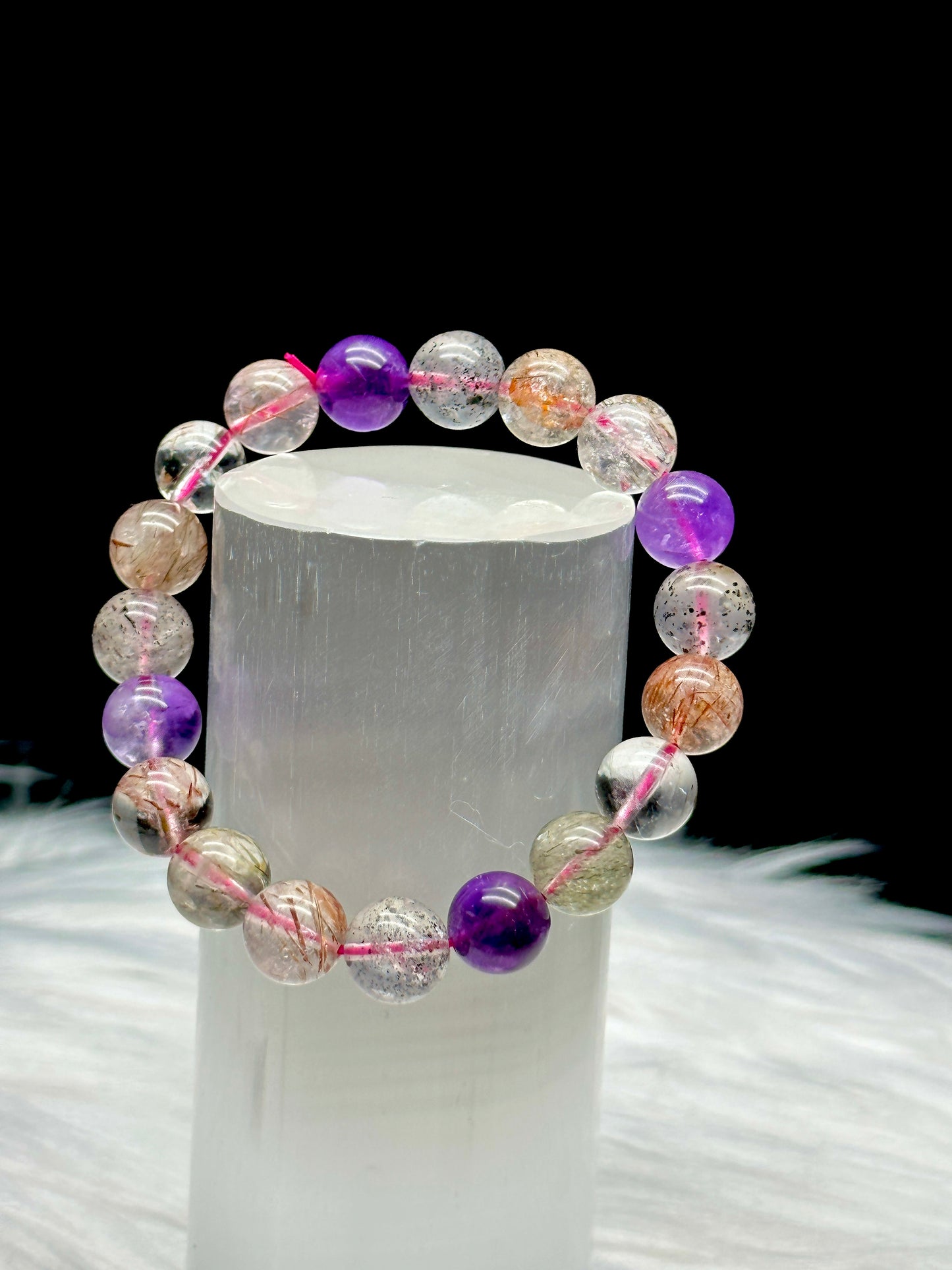 AAA+ Natural Super Seven Purple Rutilated Quartz Healing Bracelet - Crystal Healing Stretch Bracelet - 10mm Beads