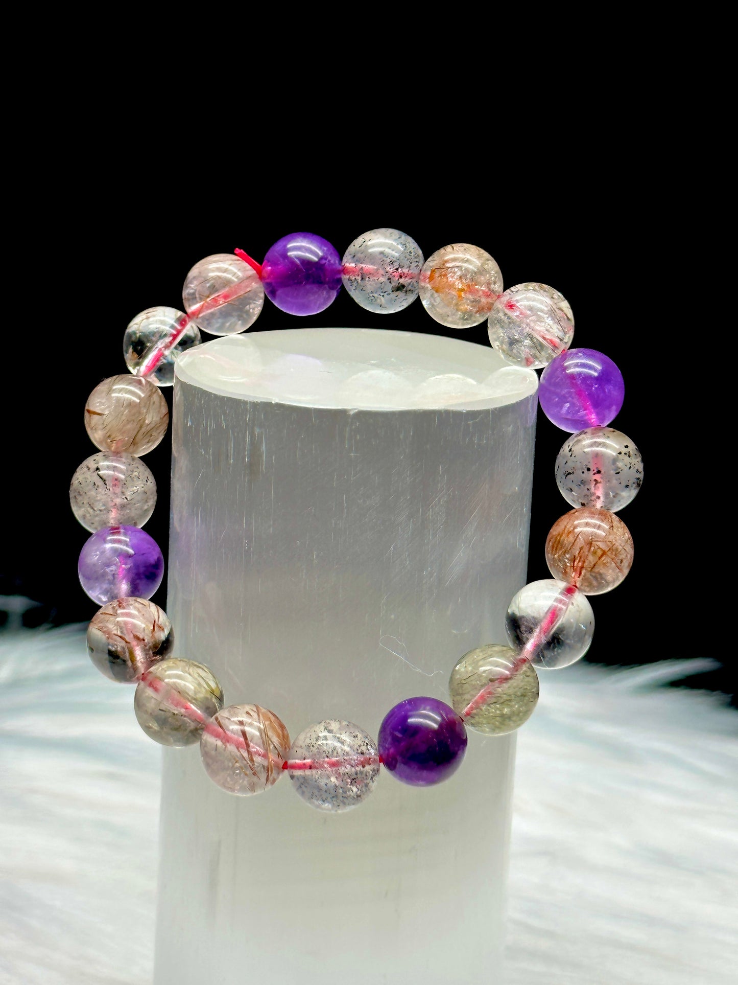 AAA+ Natural Super Seven Purple Rutilated Quartz Healing Bracelet - Crystal Healing Stretch Bracelet - 10mm Beads