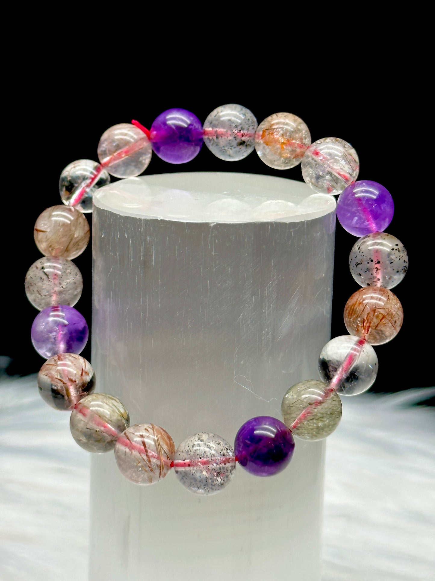 AAA+ Natural Super Seven Purple Rutilated Quartz Healing Bracelet - Crystal Healing Stretch Bracelet - 10mm Beads