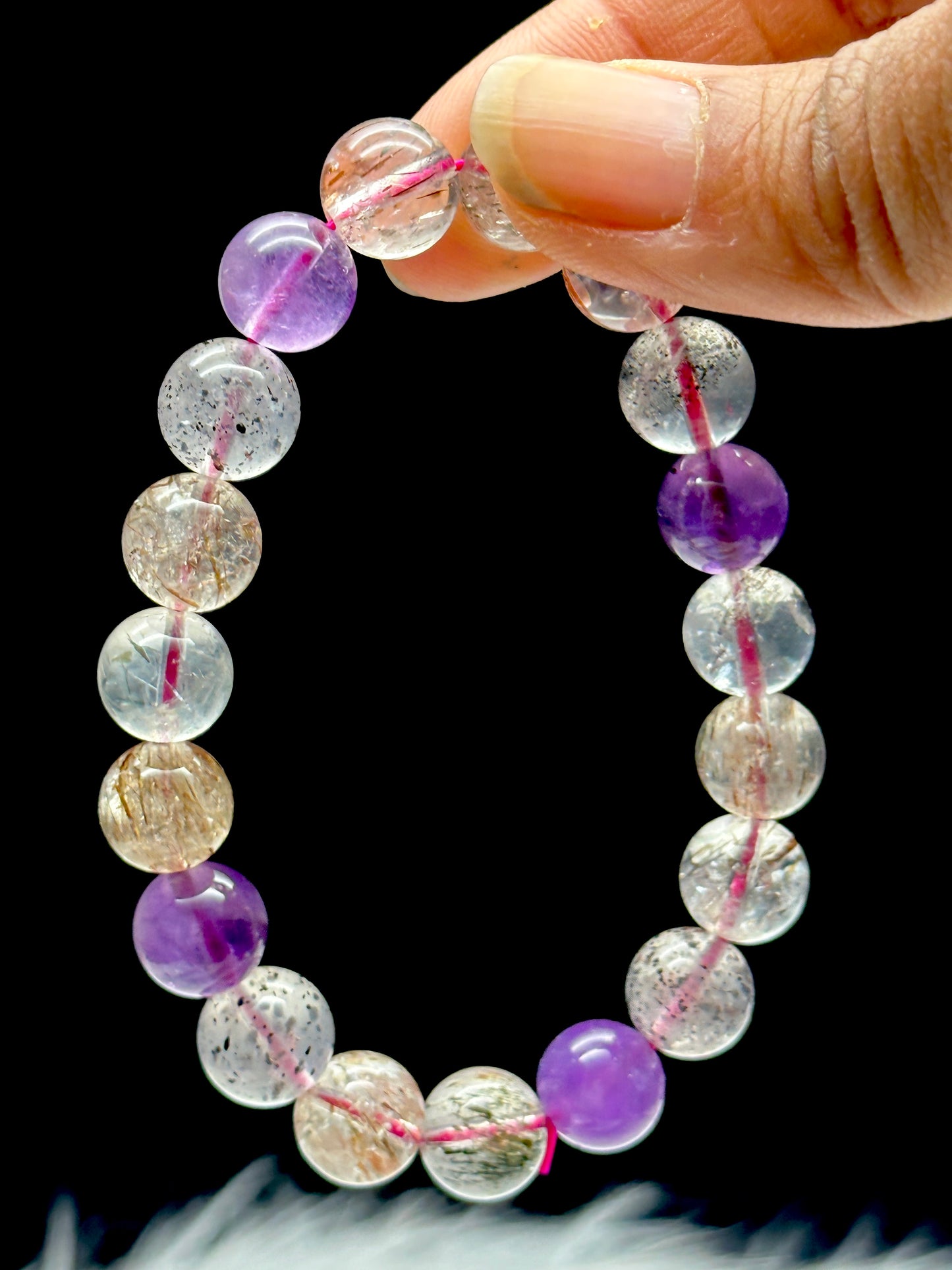 AAA+ Natural Super Seven Purple Rutilated Quartz Healing Bracelet - Crystal Healing Stretch Bracelet - 10mm Beads