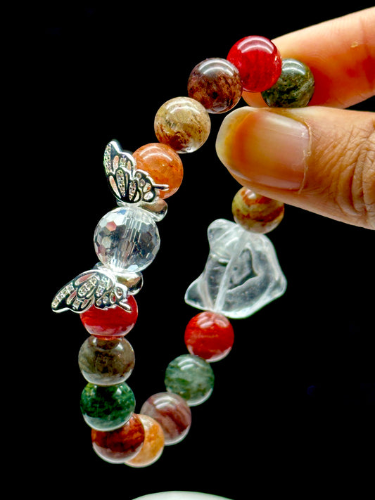 Harmony in Bloom: AAA+ Colorful Lodolite Garden Quartz Crystal Bracelet with S925 Silver Accents