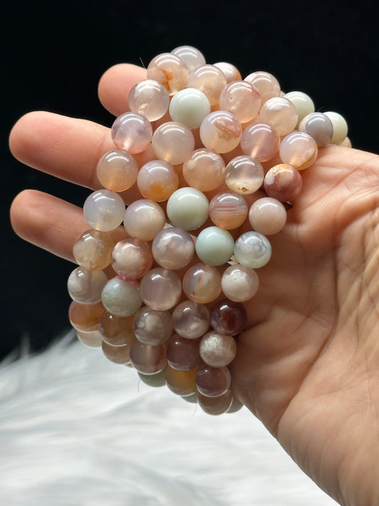 Flower Agate Crystal Healing Stretch Bracelet - Top Quality, 9mm Beads