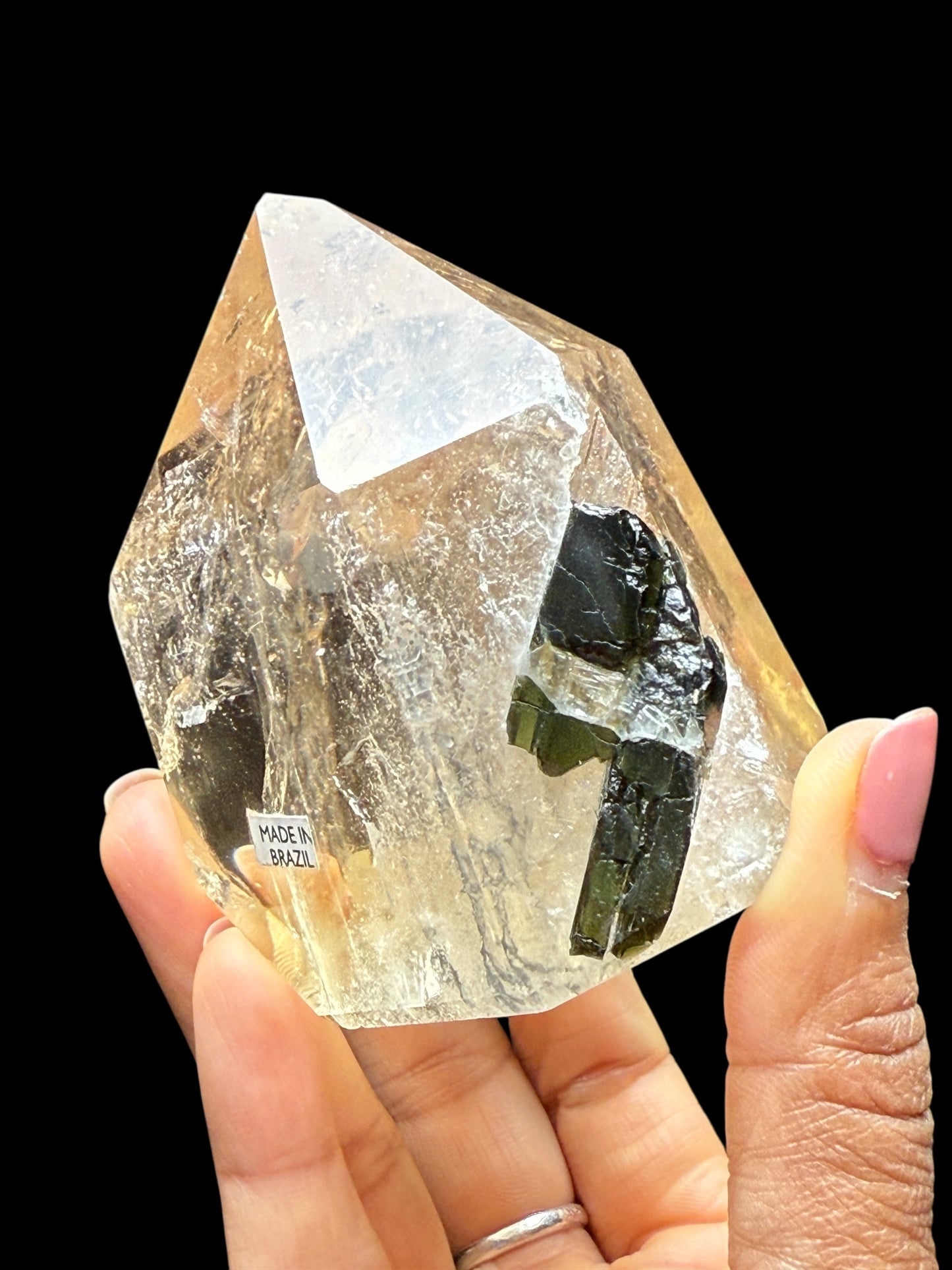 Rare High-Quality Citrine Point with Green Tourmaline Penetrator – 401g, 3.5” Tall, Collector’s Piece