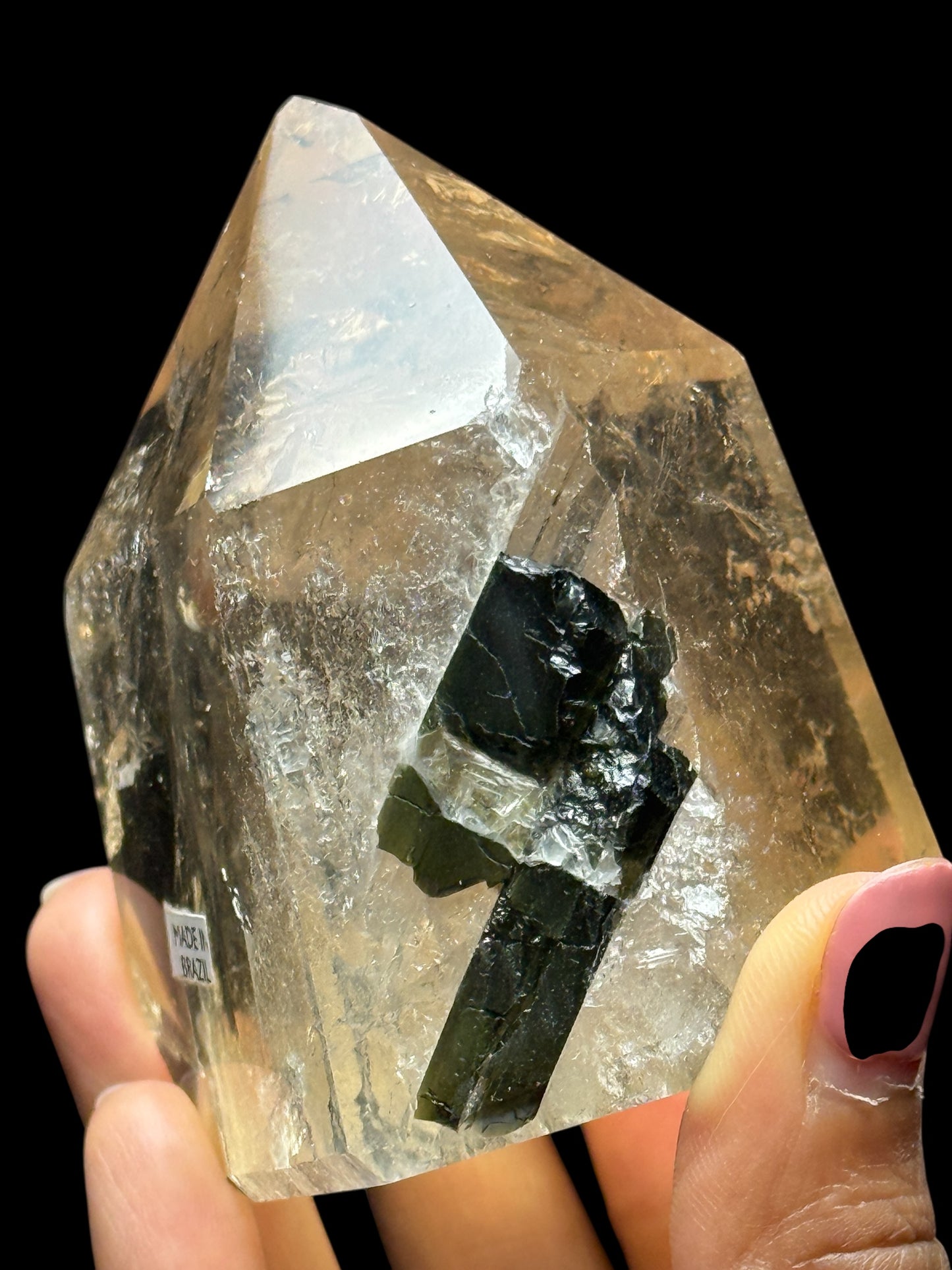 Rare High-Quality Citrine Point with Green Tourmaline Penetrator – 401g, 3.5” Tall, Collector’s Piece
