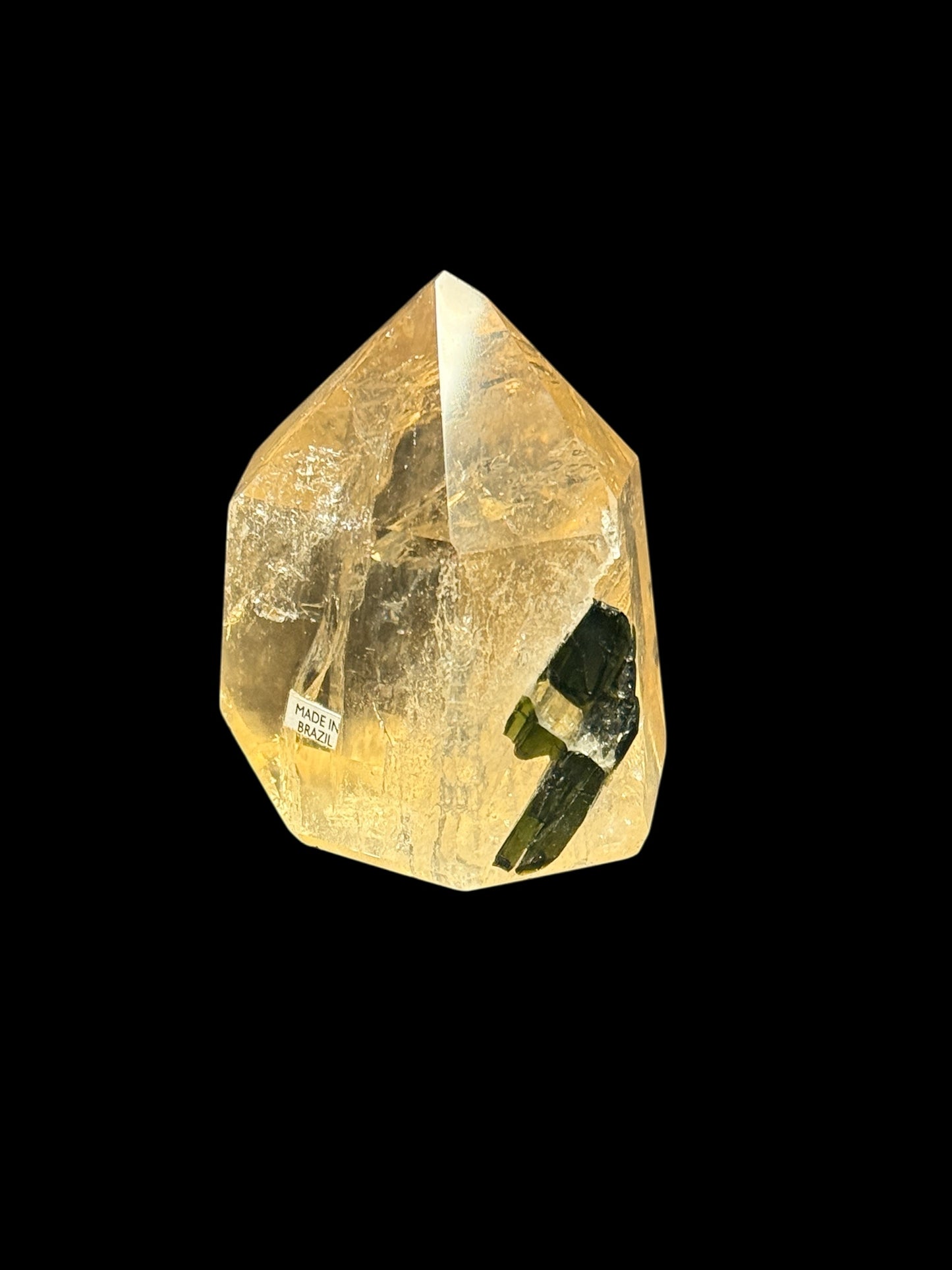Rare High-Quality Citrine Point with Green Tourmaline Penetrator – 401g, 3.5” Tall, Collector’s Piece