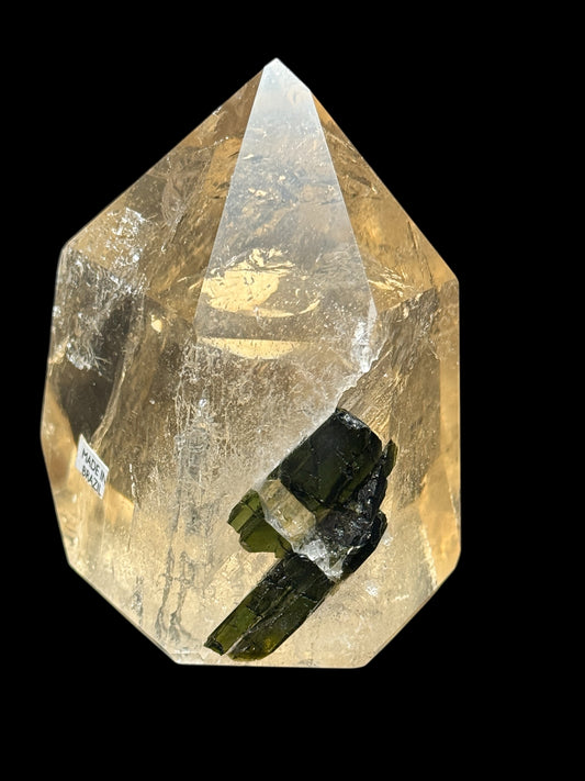 Rare High-Quality Citrine Point with Green Tourmaline Penetrator – 401g, 3.5” Tall, Collector’s Piece