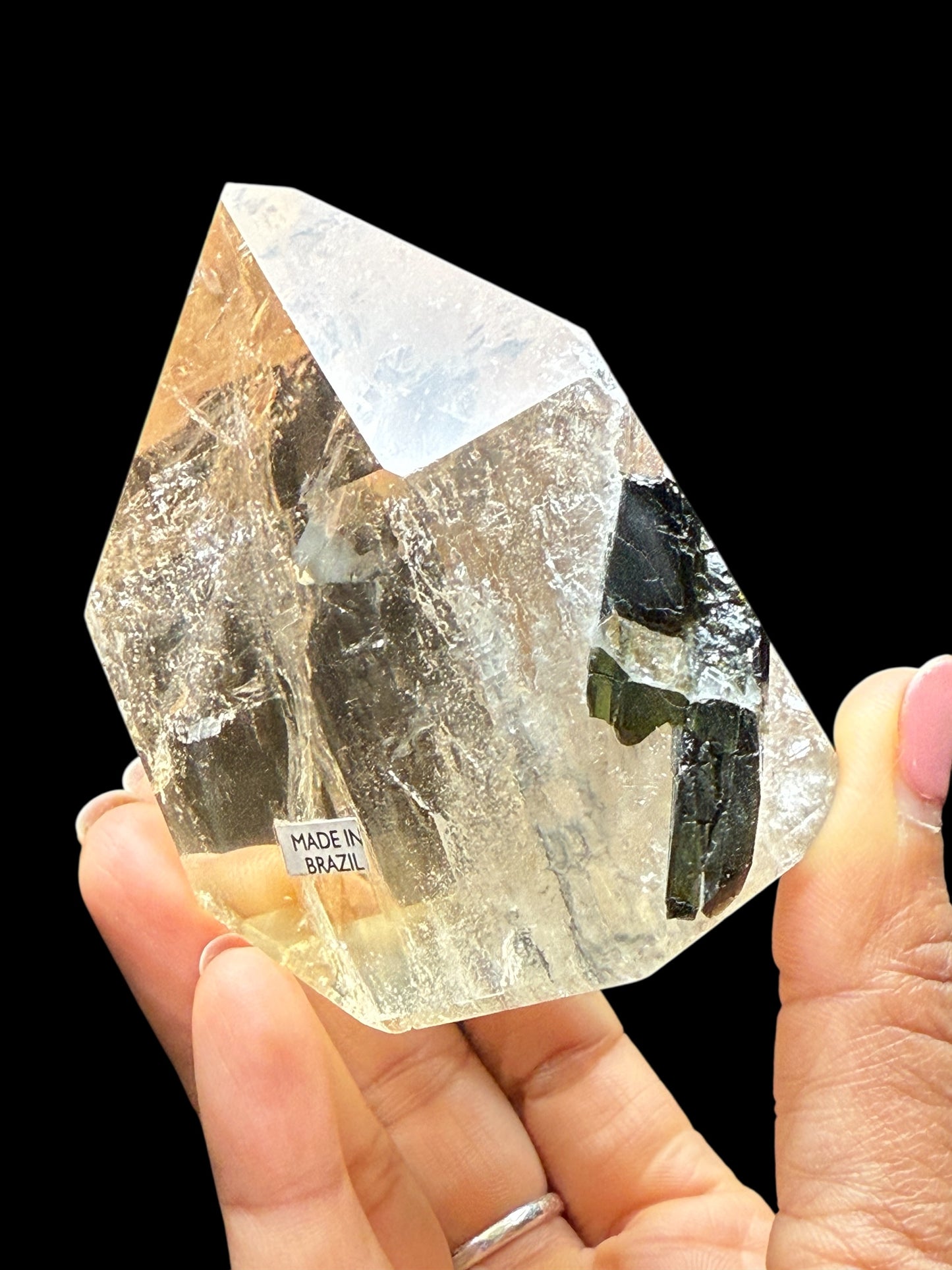 Rare High-Quality Citrine Point with Green Tourmaline Penetrator – 401g, 3.5” Tall, Collector’s Piece