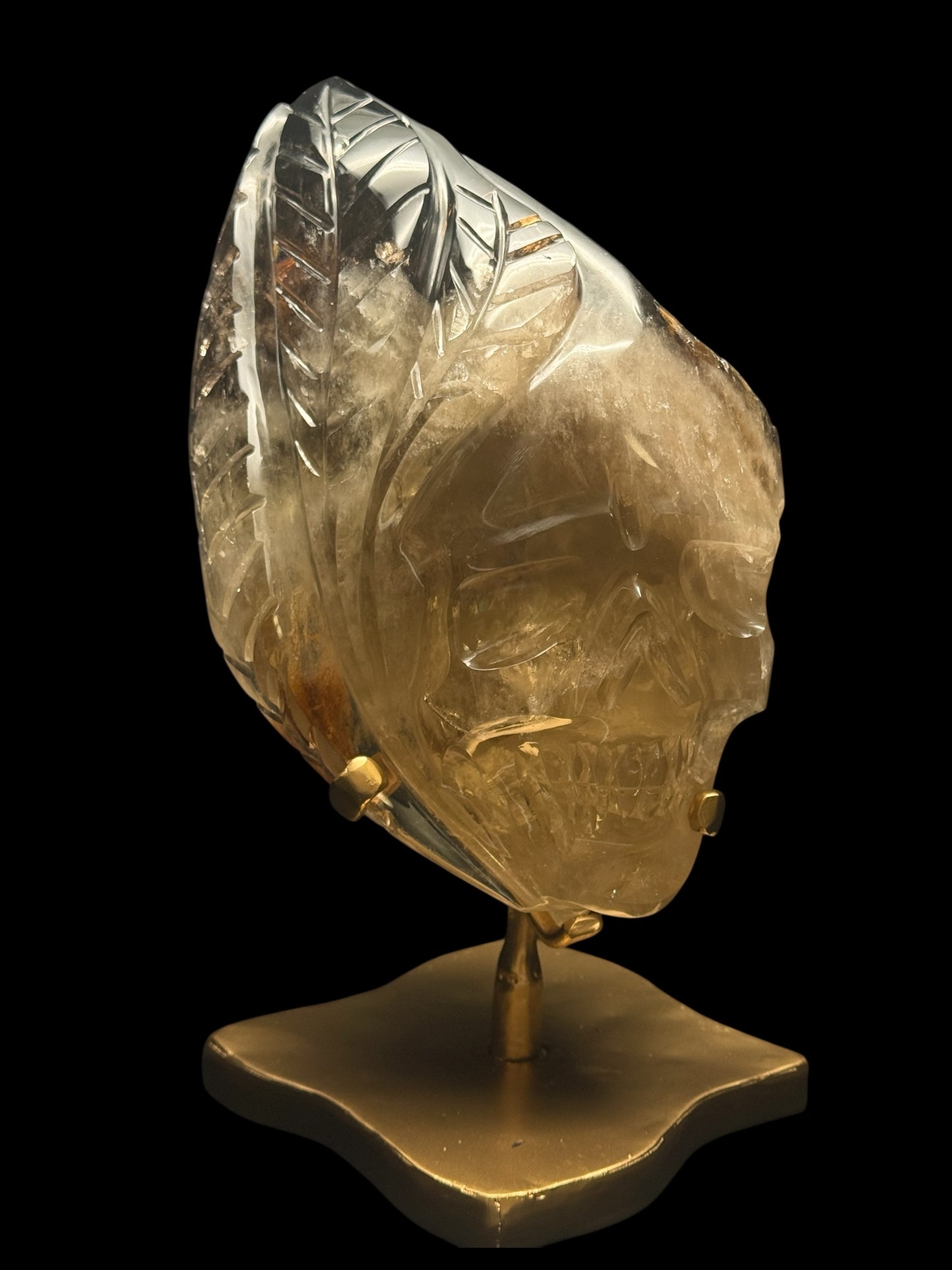 High Quality Brazilian Citrine Skull Sculpture with Leaf Details | Rare Citrine–Smoky Citrine Custom Carving on Gold Rotating Stand
