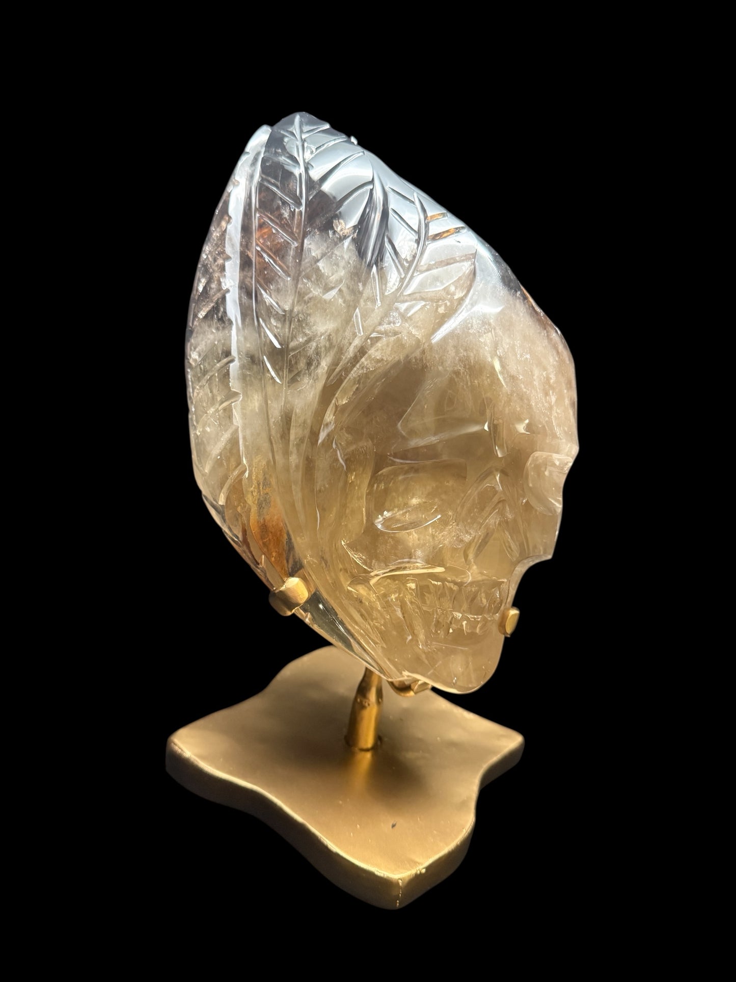 High Quality Brazilian Citrine Skull Sculpture with Leaf Details | Rare Citrine–Smoky Citrine Custom Carving on Gold Rotating Stand