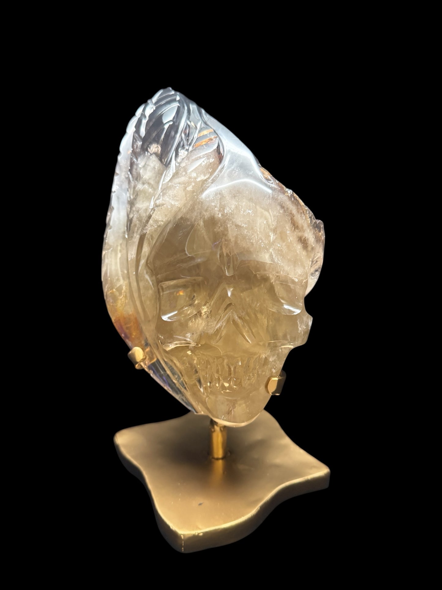 High Quality Brazilian Citrine Skull Sculpture with Leaf Details | Rare Citrine–Smoky Citrine Custom Carving on Gold Rotating Stand
