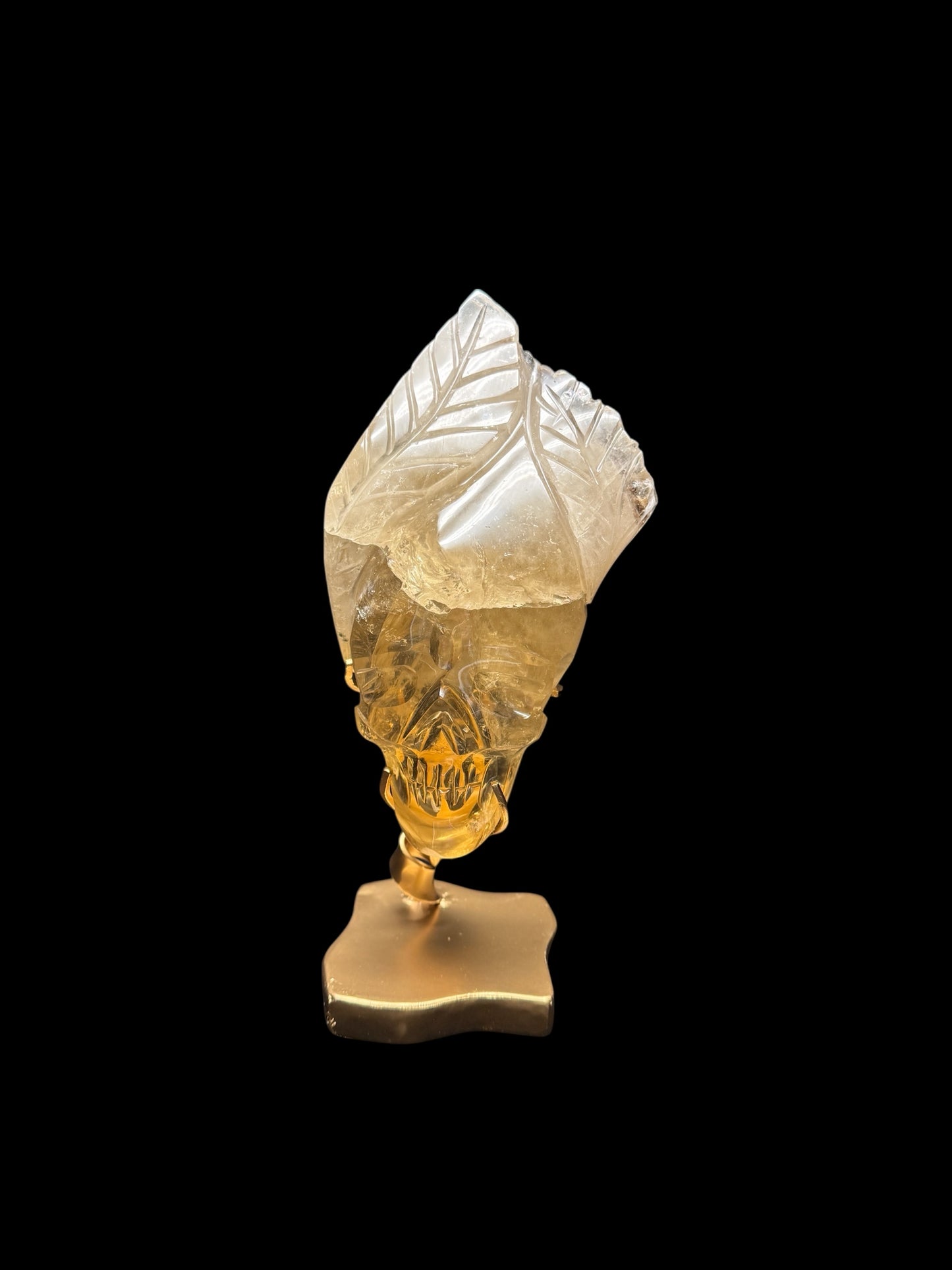Natural High Quality Brazilian Citrine Skull Sculpture on Stand | Custom Carved Crystal Skull with Leaf Details
