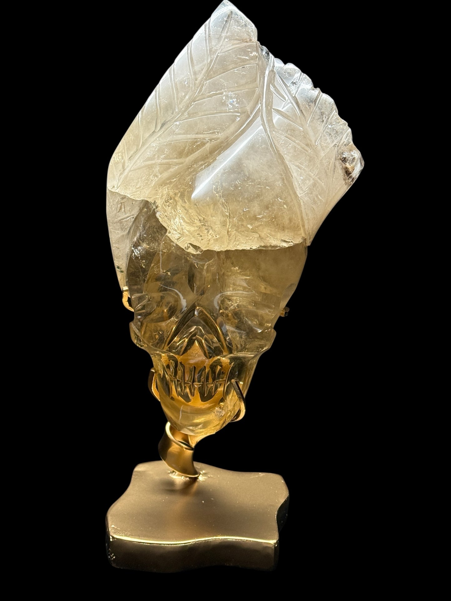 Natural High Quality Brazilian Citrine Skull Sculpture on Stand | Custom Carved Crystal Skull with Leaf Details