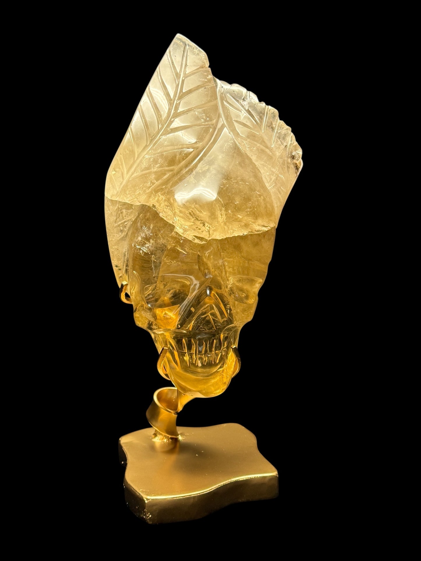 Natural High Quality Brazilian Citrine Skull Sculpture on Stand | Custom Carved Crystal Skull with Leaf Details