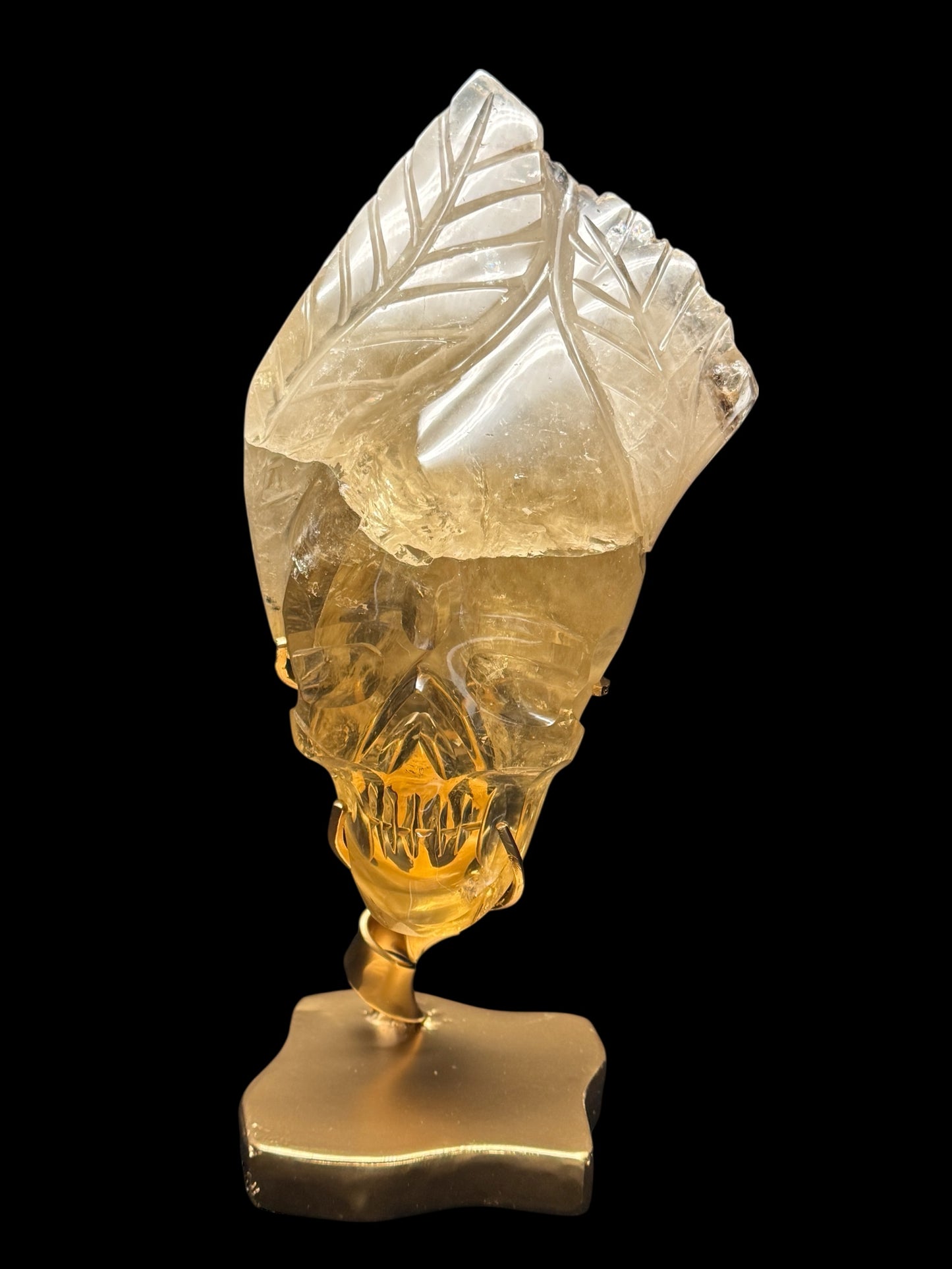 Natural High Quality Brazilian Citrine Skull Sculpture on Stand | Custom Carved Crystal Skull with Leaf Details