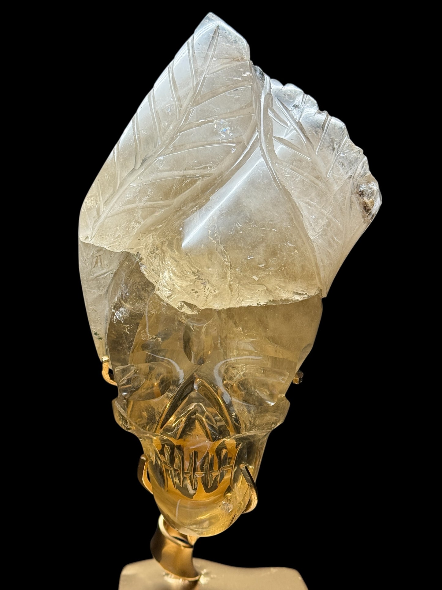 Natural High Quality Brazilian Citrine Skull Sculpture on Stand | Custom Carved Crystal Skull with Leaf Details