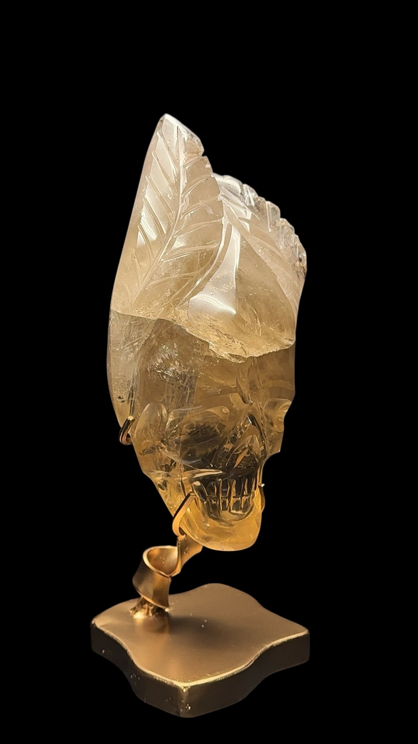 Natural High Quality Brazilian Citrine Skull Sculpture on Stand | Custom Carved Crystal Skull with Leaf Details