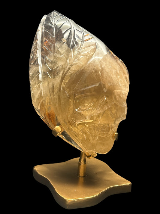 High Quality Brazilian Citrine Skull Sculpture with Leaf Details | Rare Citrine–Smoky Citrine Custom Carving on Gold Rotating Stand