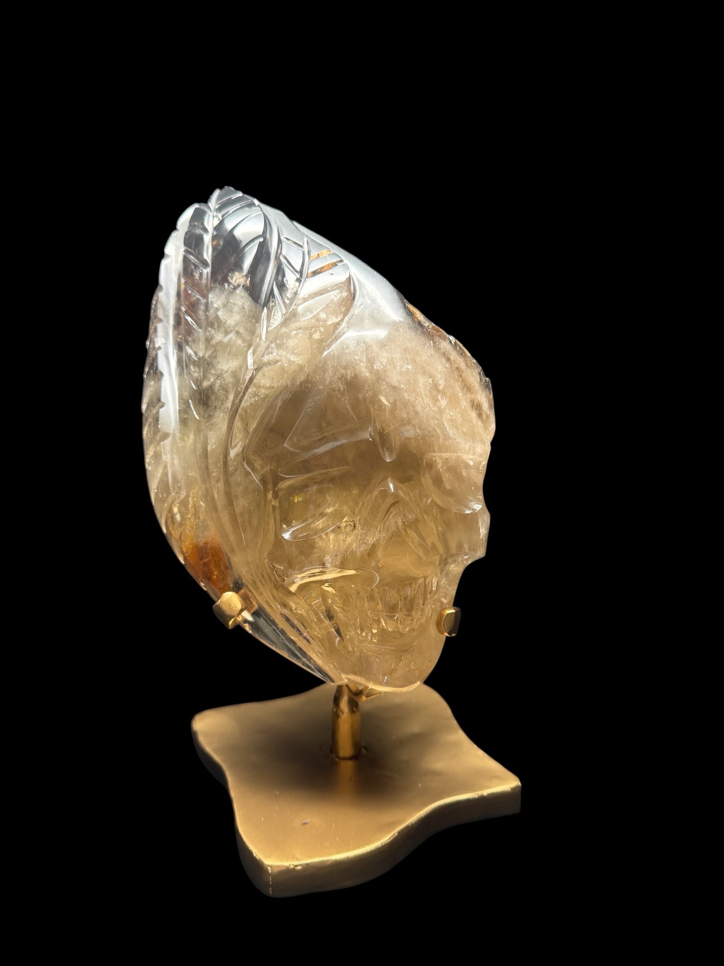 High Quality Brazilian Citrine Skull Sculpture with Leaf Details | Rare Citrine–Smoky Citrine Custom Carving on Gold Rotating Stand