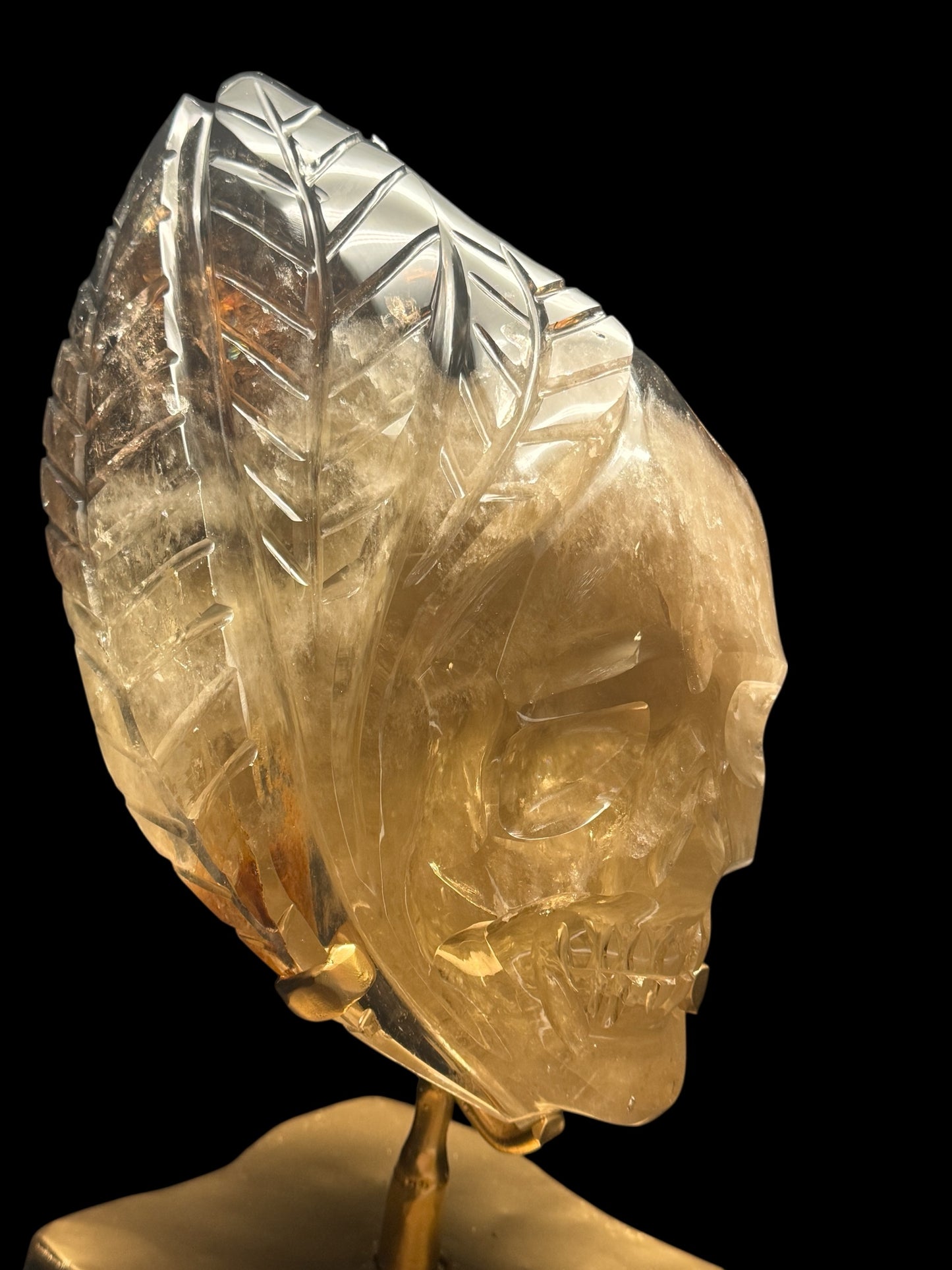 High Quality Brazilian Citrine Skull Sculpture with Leaf Details | Rare Citrine–Smoky Citrine Custom Carving on Gold Rotating Stand