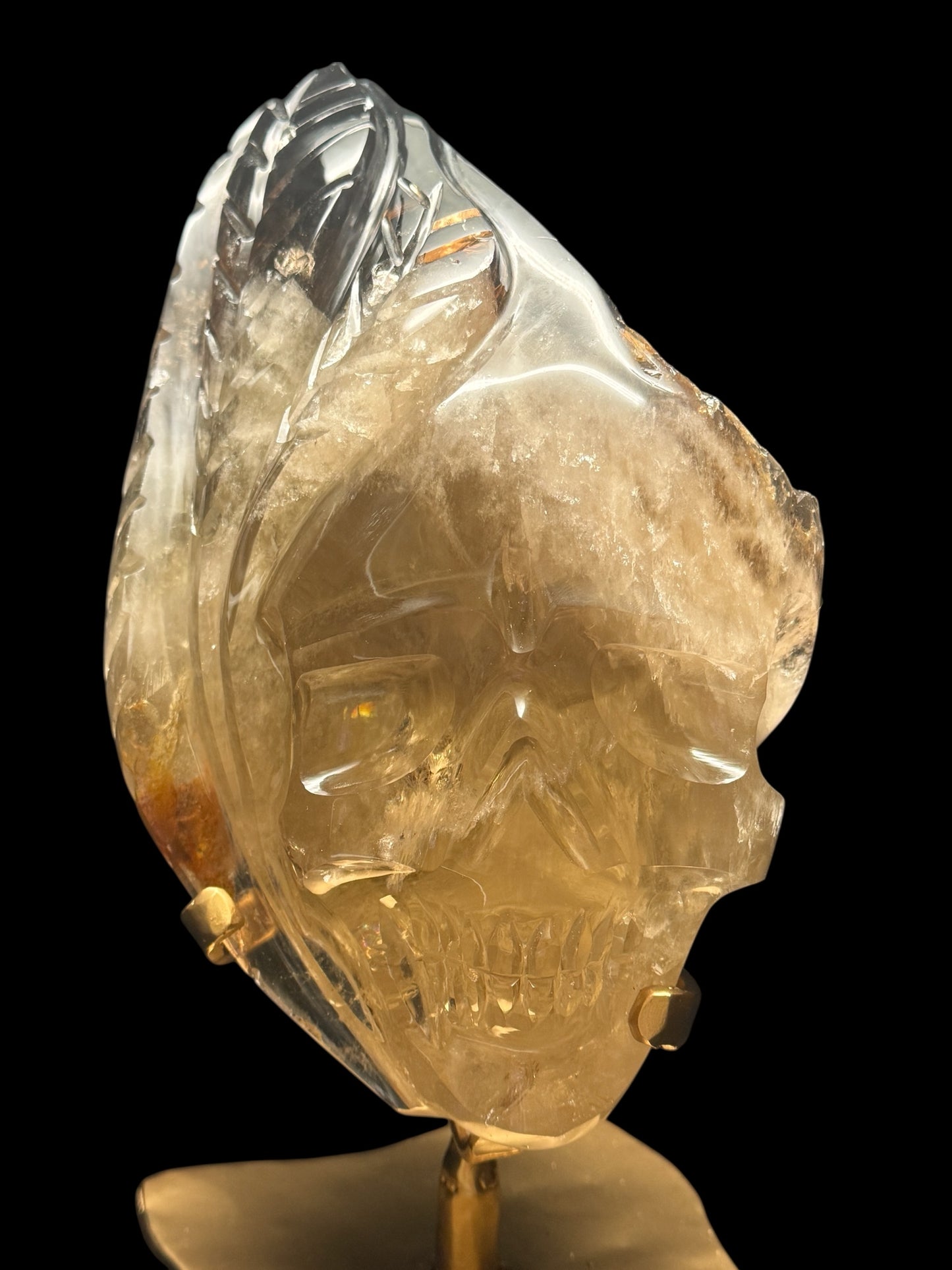High Quality Brazilian Citrine Skull Sculpture with Leaf Details | Rare Citrine–Smoky Citrine Custom Carving on Gold Rotating Stand