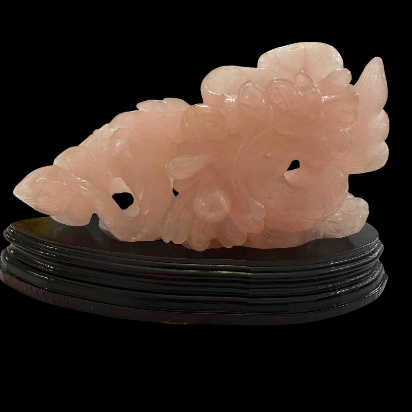 Rose Quartz Hand-Carved Dragon Sculpture – Genuine Crystal Carving on Wooden Stand | You Receive Exact Piece