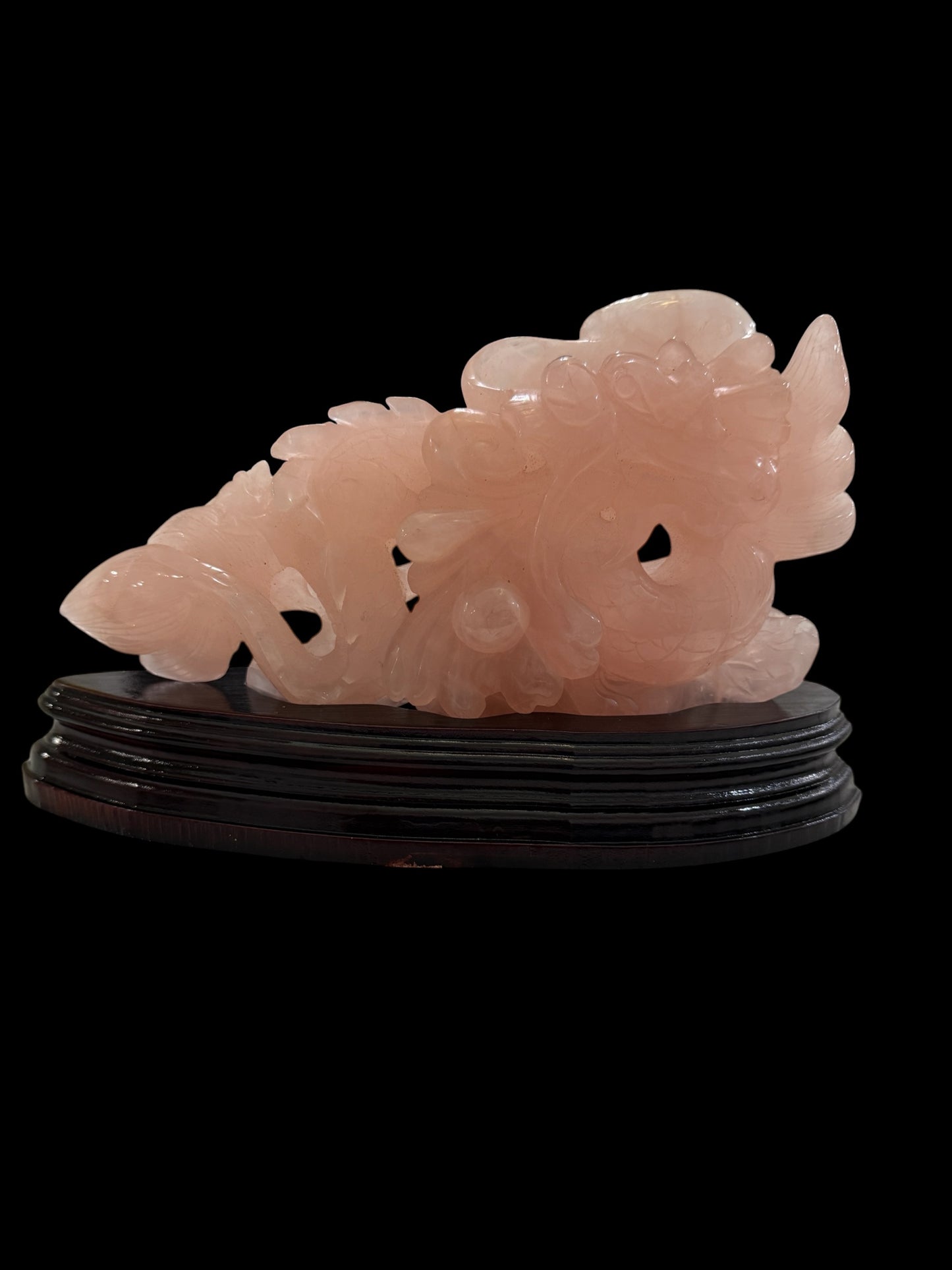 Rose Quartz Hand-Carved Dragon Sculpture – Genuine Crystal Carving on Wooden Stand | You Receive Exact Piece