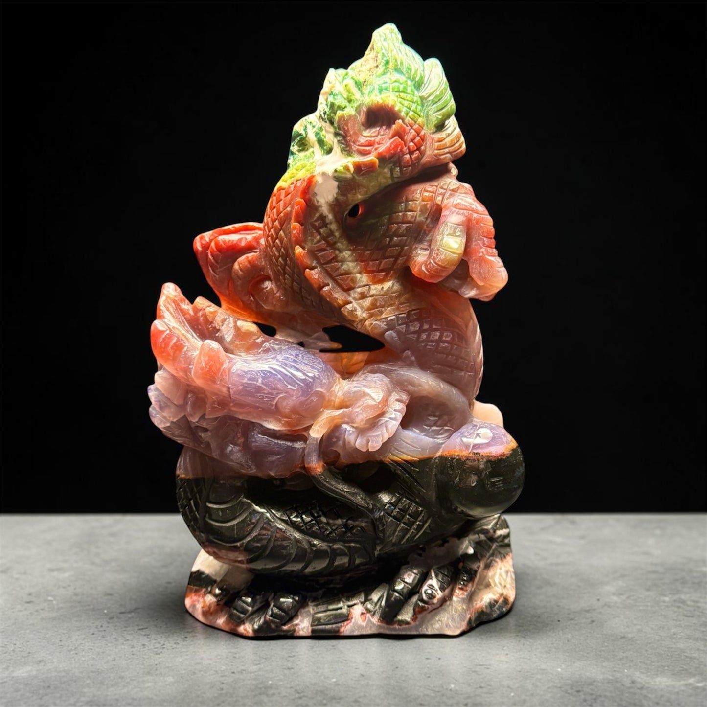 Ocean Jasper Dragon Carving - grey surface