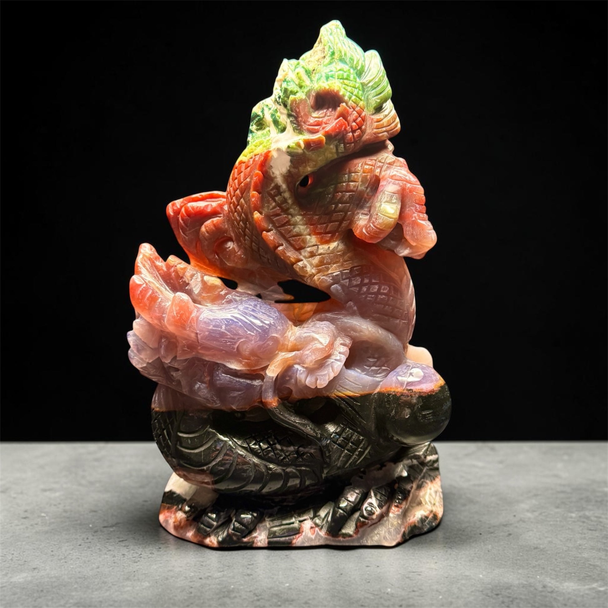 Ocean Jasper Dragon Carving - grey surface