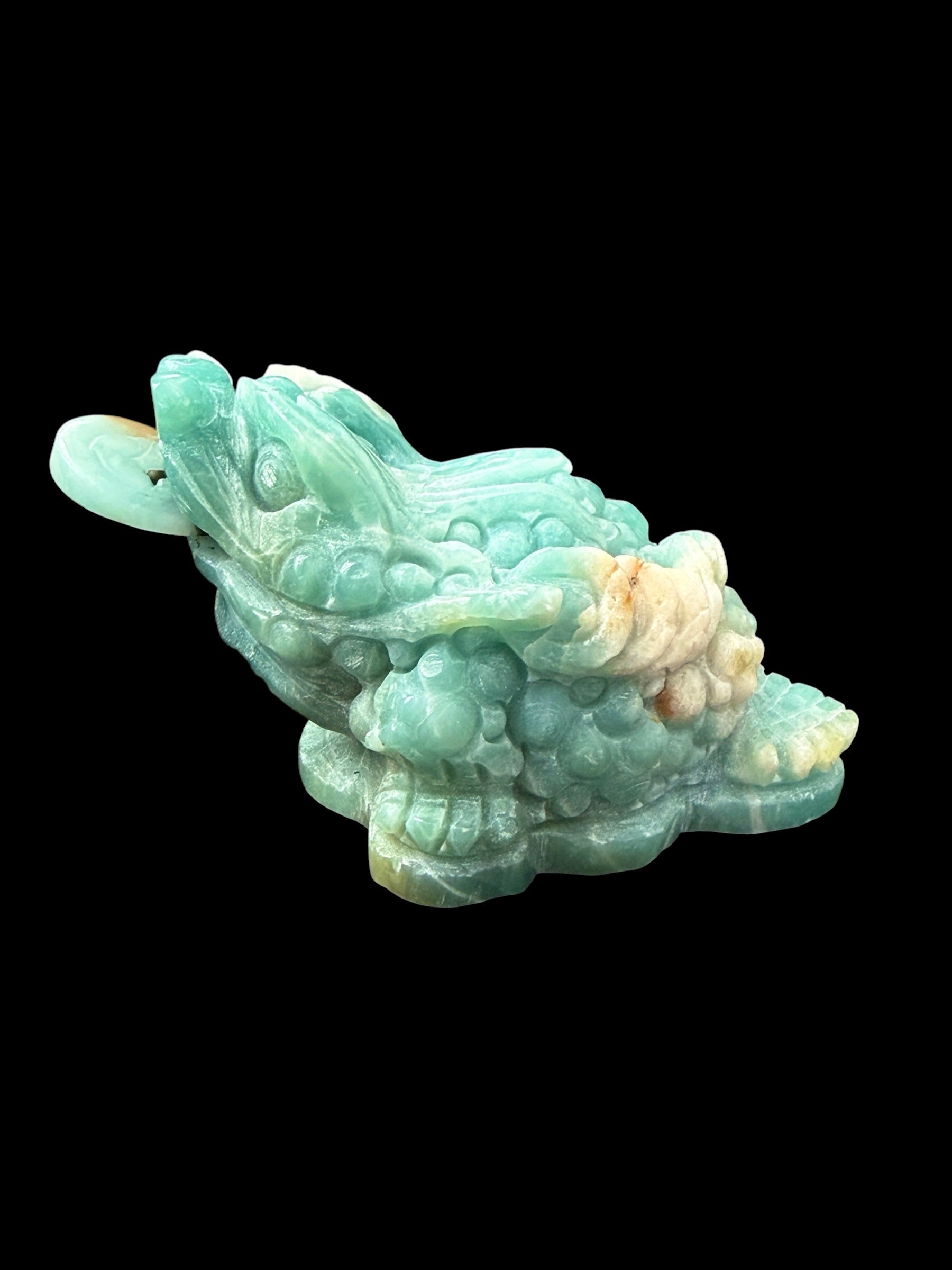 Amazonite money frog carving - black background front view