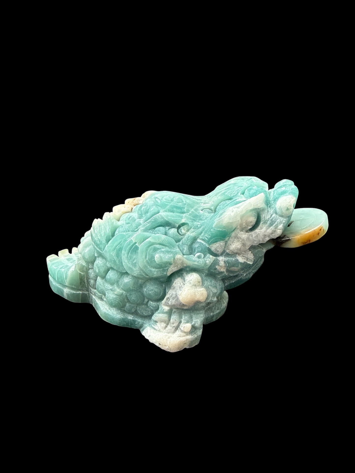 Amazonite money frog carving - front face detail