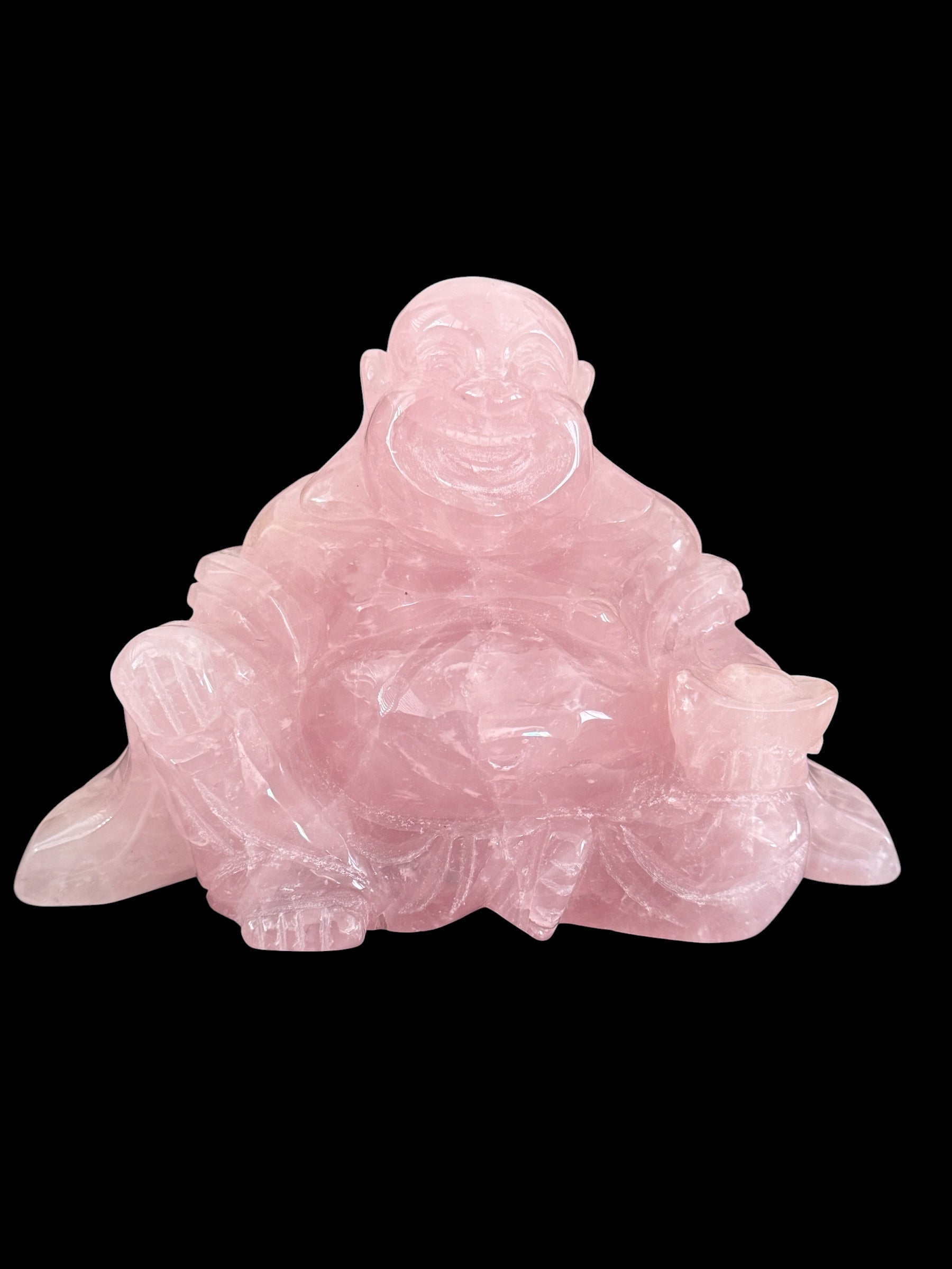 Rose quartz laughing Buddha carving - front view full