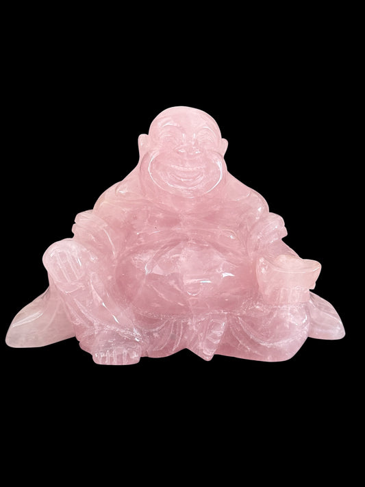 Rose quartz laughing Buddha carving - front view full