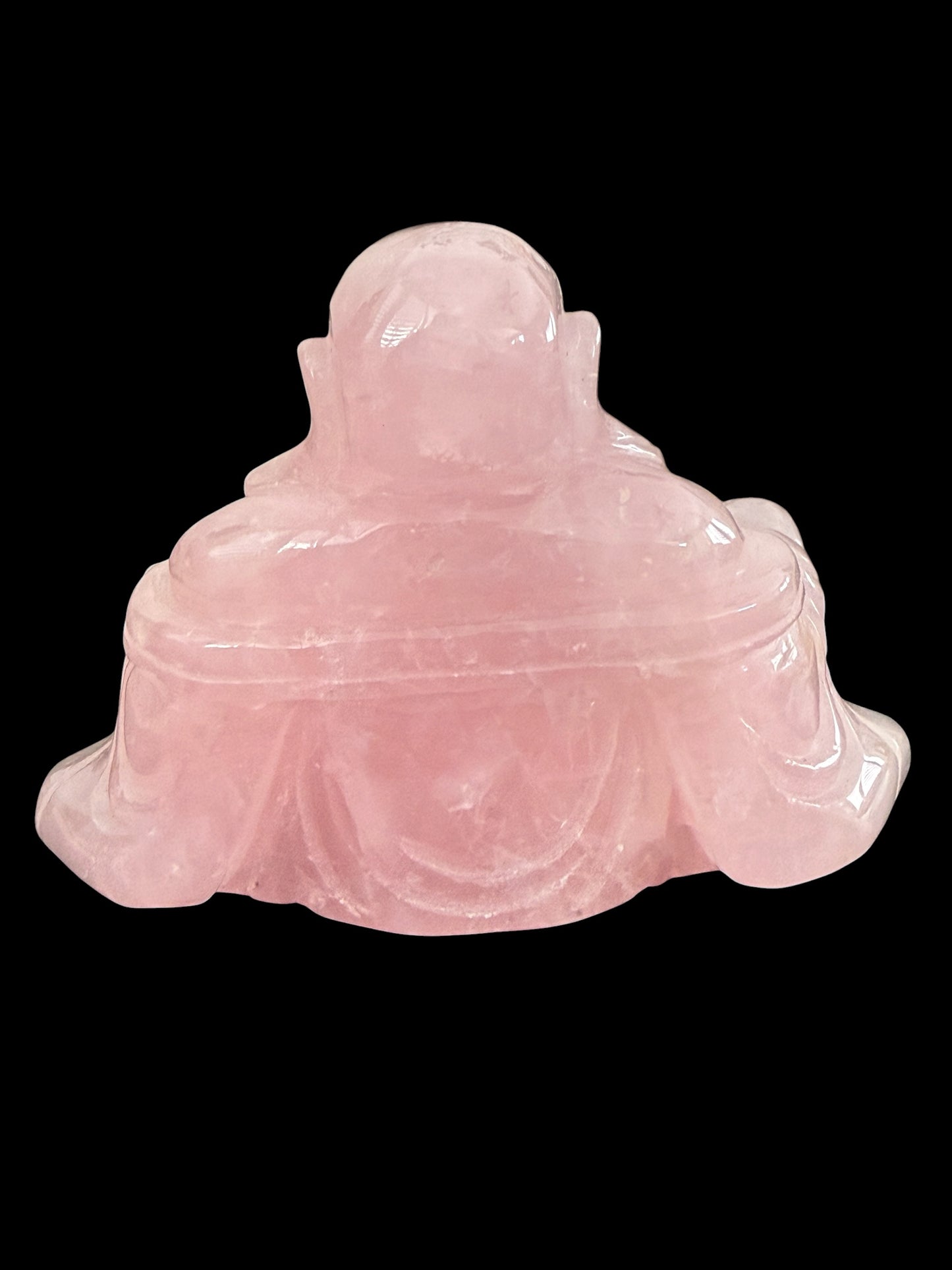 Rose quartz laughing Buddha carving - back view