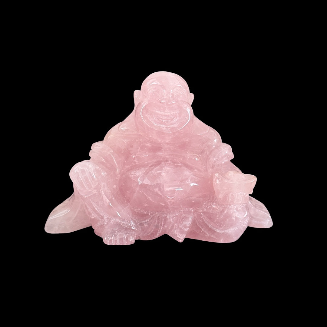 Rose quartz laughing Buddha carving - front face detail
