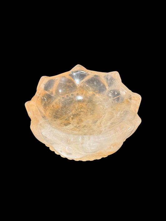 Golden Healer Quartz Lotus Bowl top-down view on black background