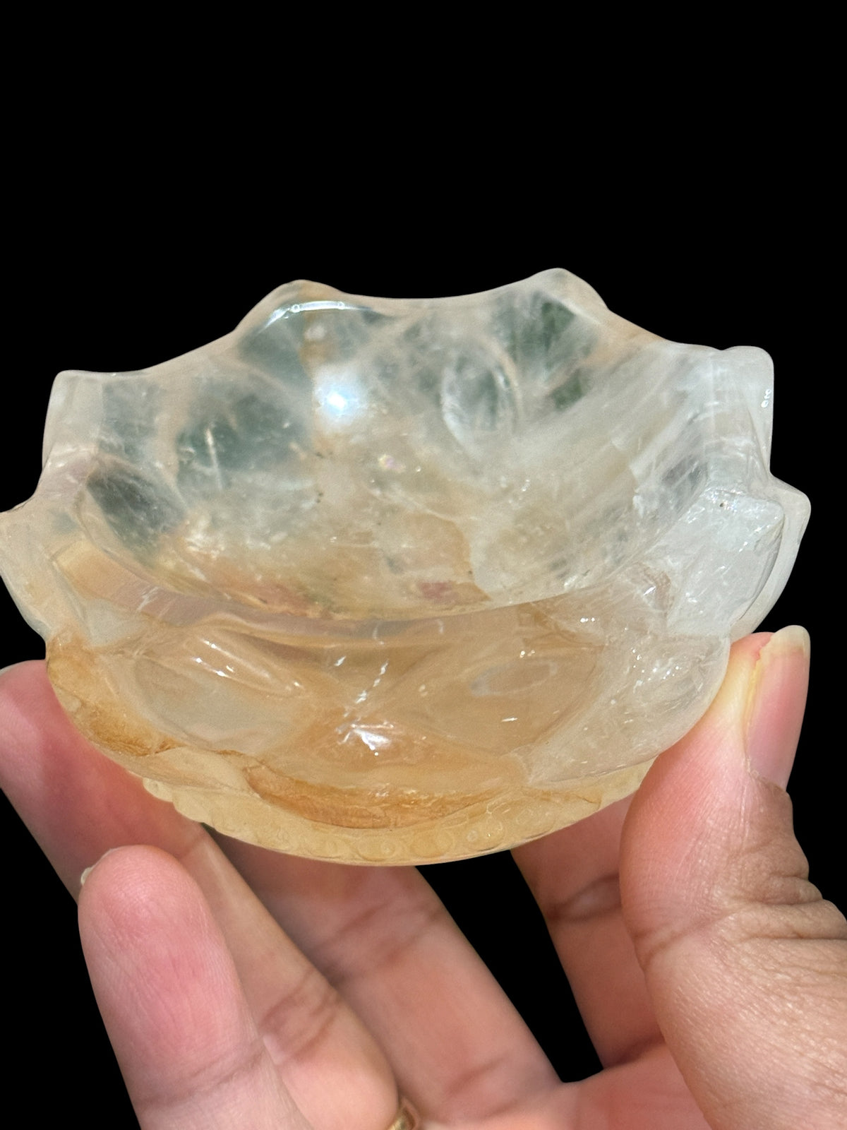 Golden Healer Quartz Lotus Bowl side profile showing scalloped petal edges