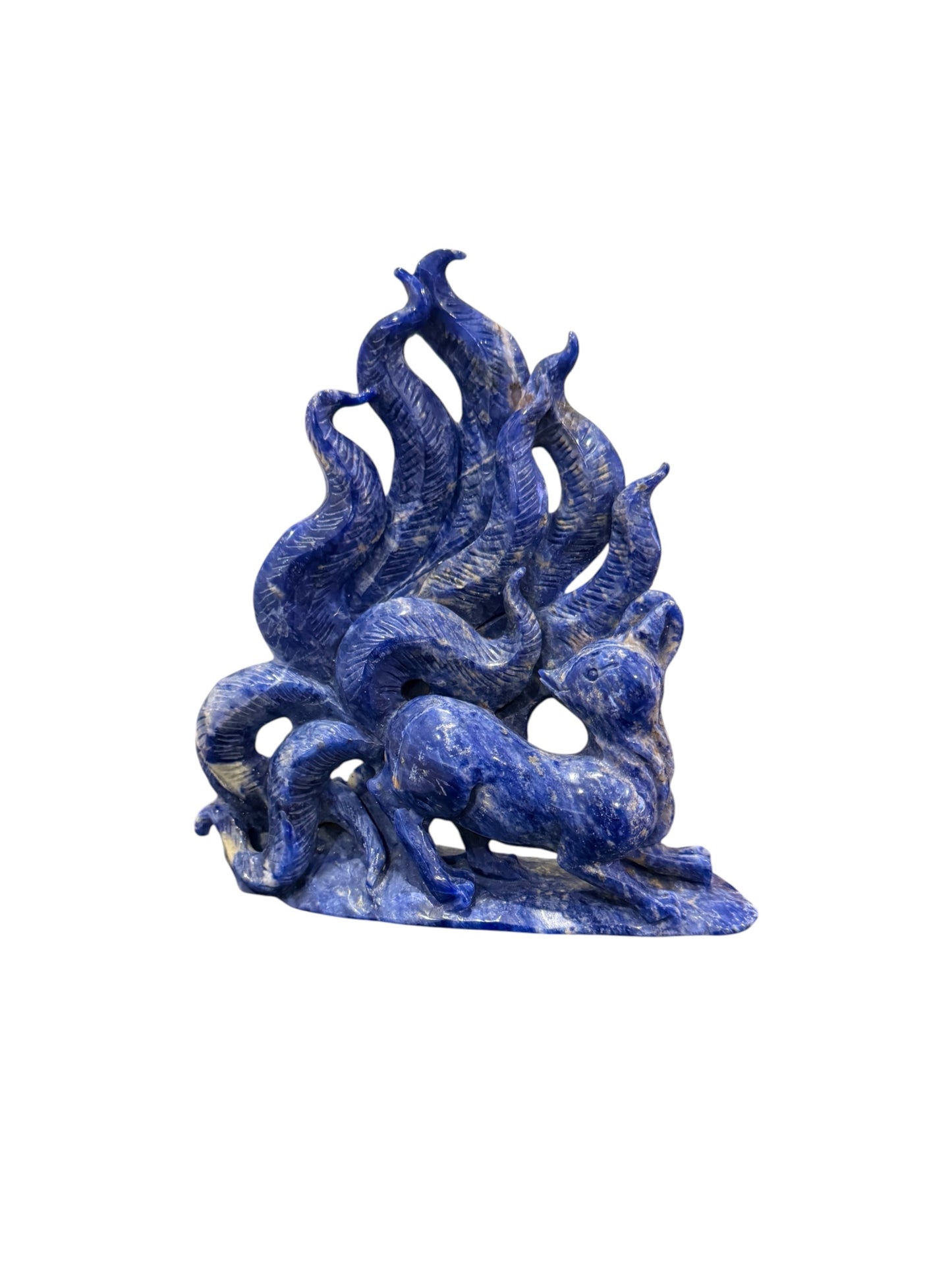 Sodalite nine-tail fox carving side view showing full height and dynamic composition
