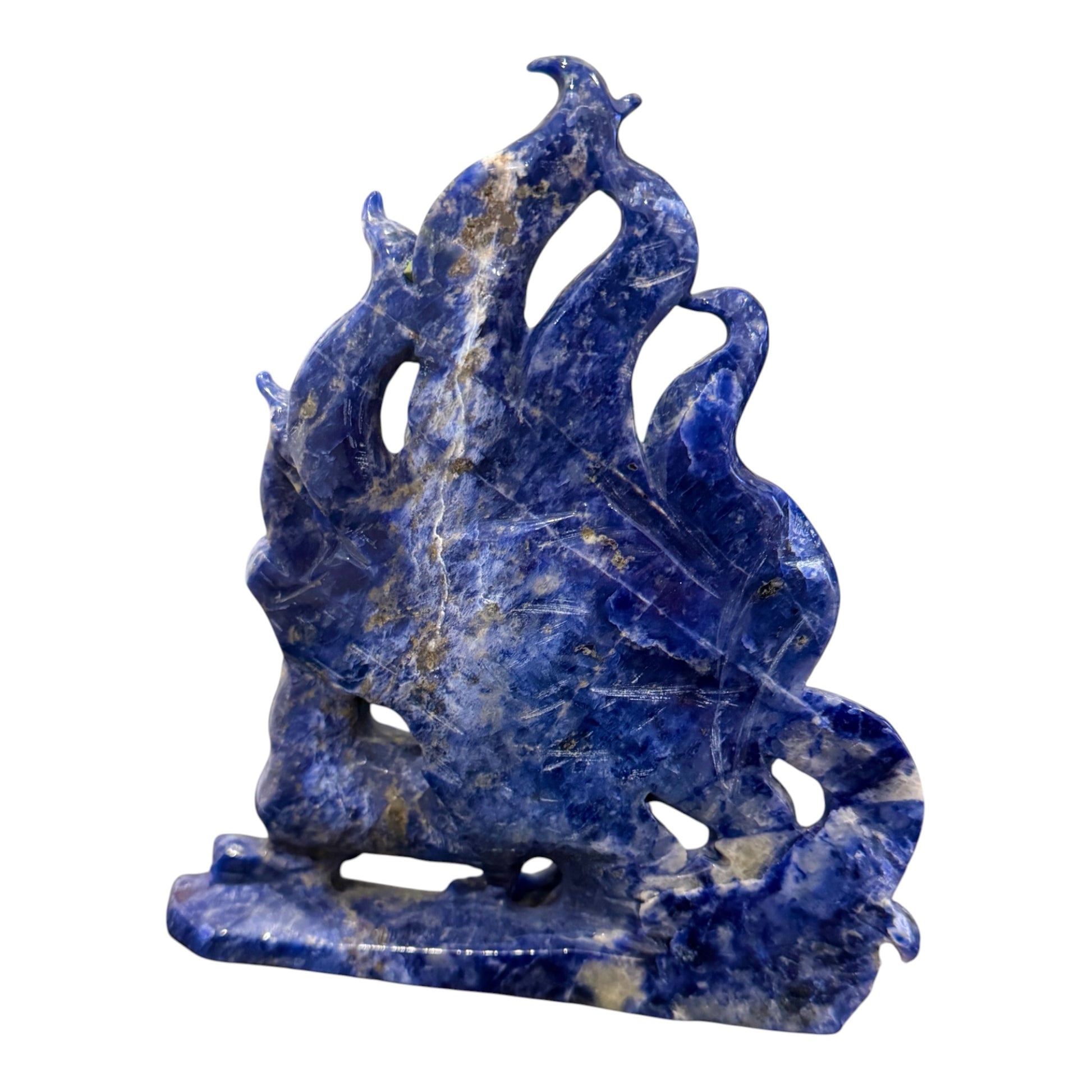 Sodalite nine-tail fox carving on dark background highlighting deep royal blue color and carved detail