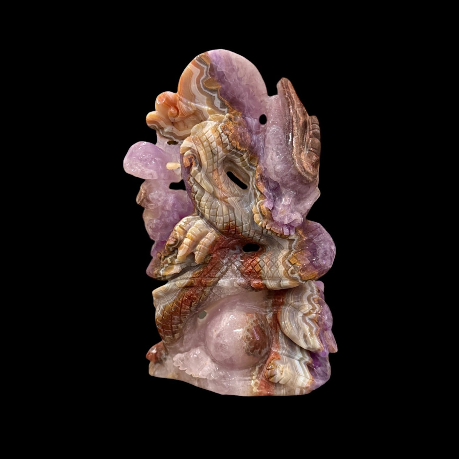 Amethyst lace agate dragon carving back view showing natural amethyst druzy base and wing detail