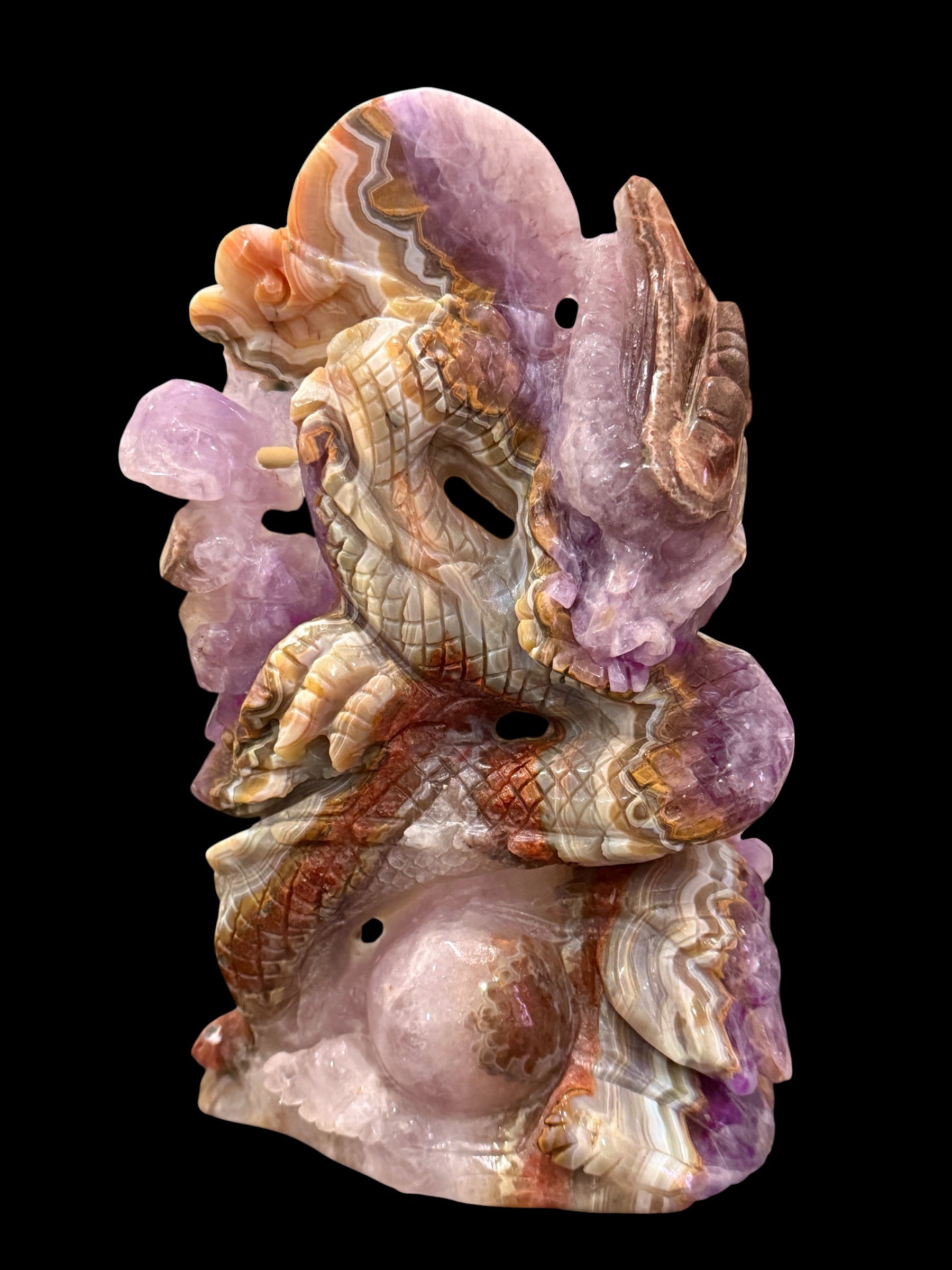 Amethyst lace agate dragon carving front angle view showing full sculpture height and coiled dragon pose