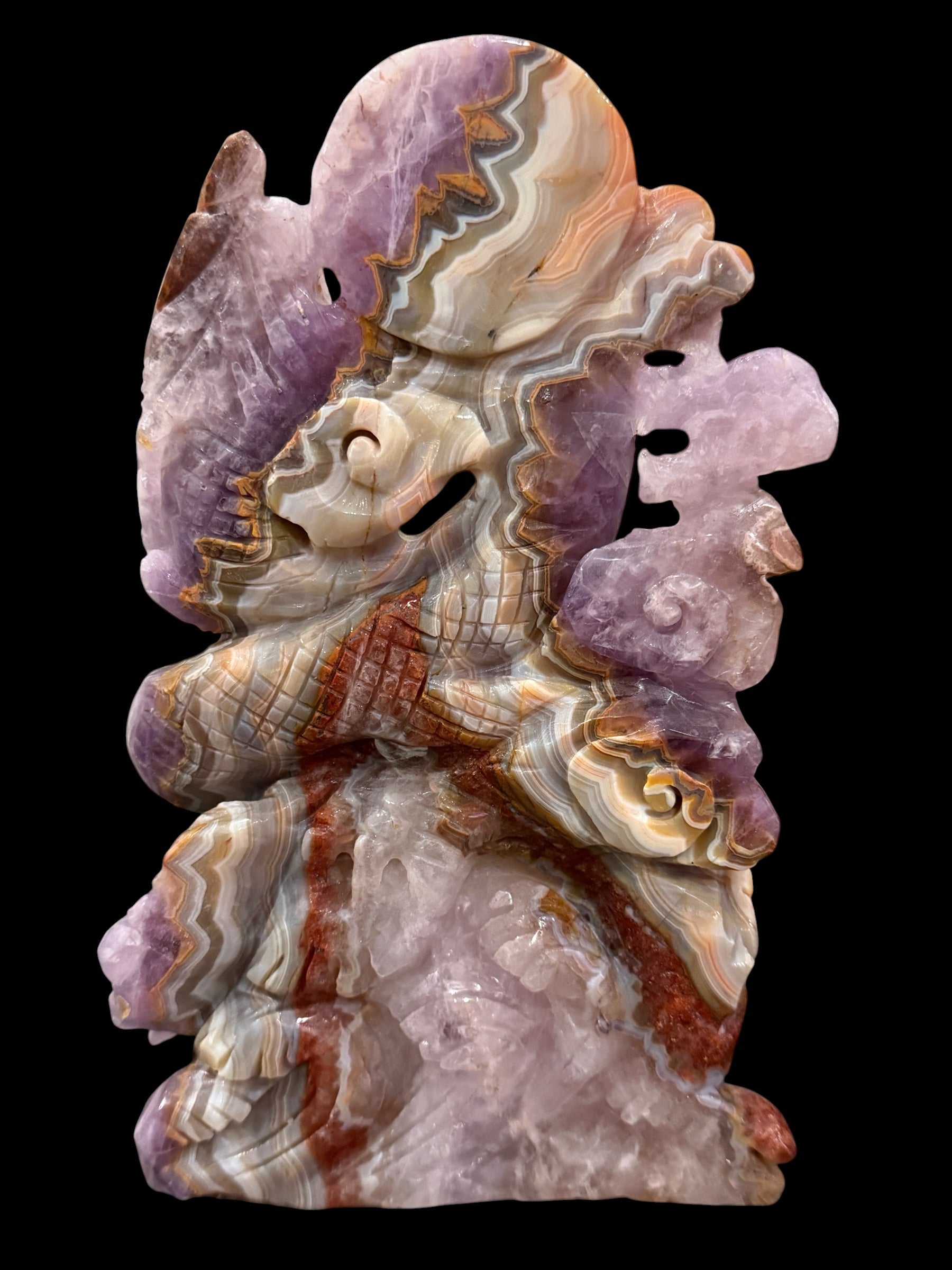 Amethyst lace agate dragon carving side profile showing lace agate ribbon banding and amethyst wing accents