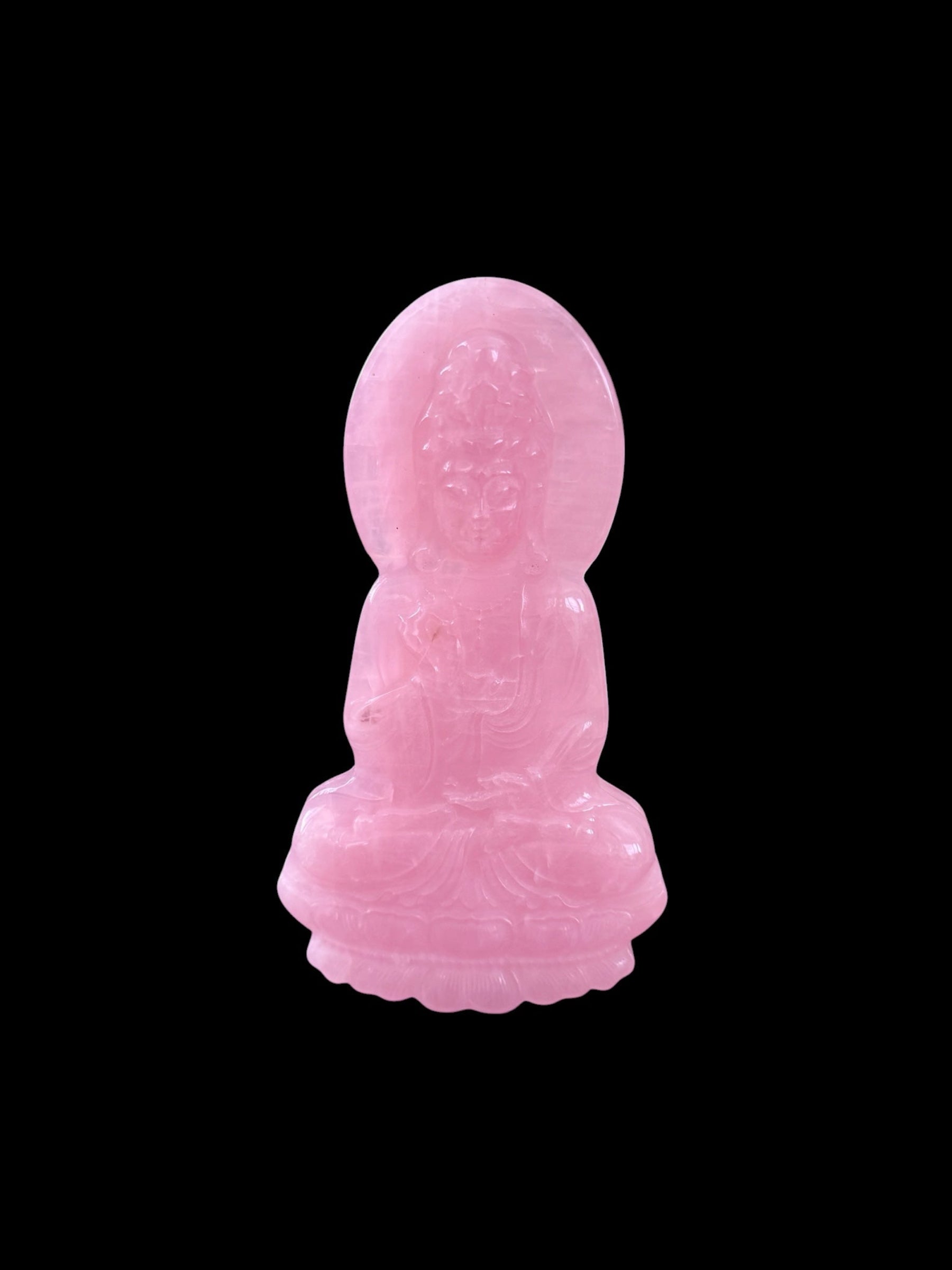 Rose quartz Guan Yin slab carving clean product shot on black background showing full sculpture