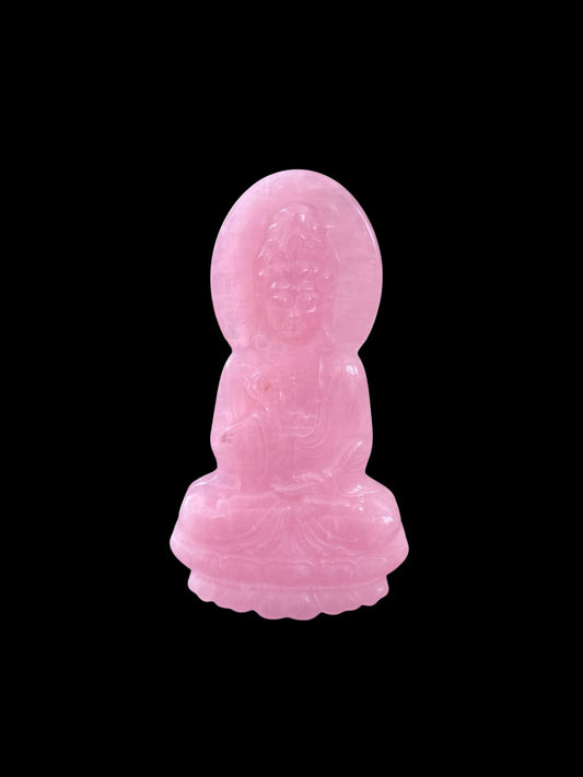 Rose quartz Guan Yin slab carving clean product shot on black background showing full sculpture