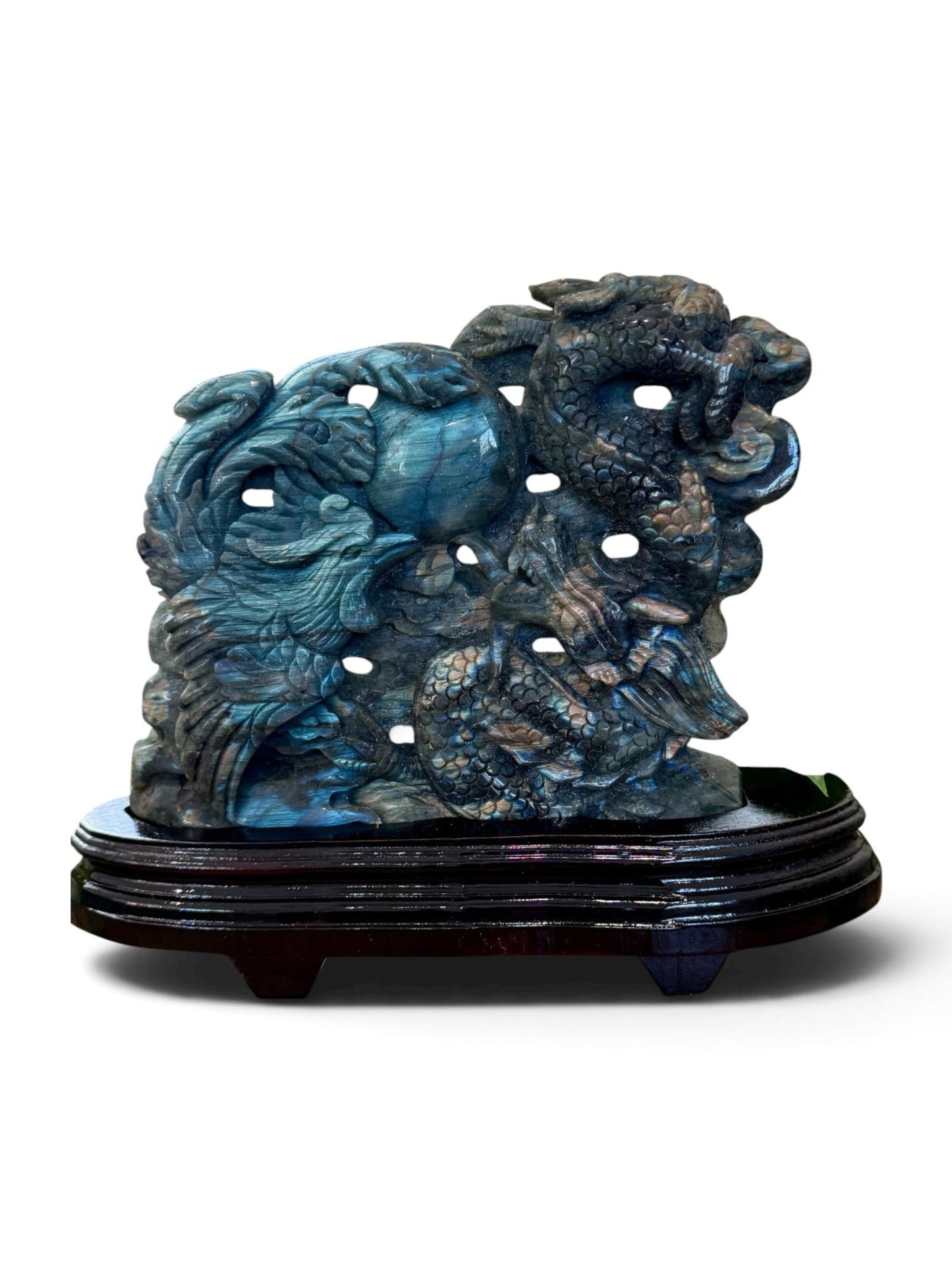 Large labradorite phoenix and dragon harmony carving on custom rosewood stand, clean white background product shot