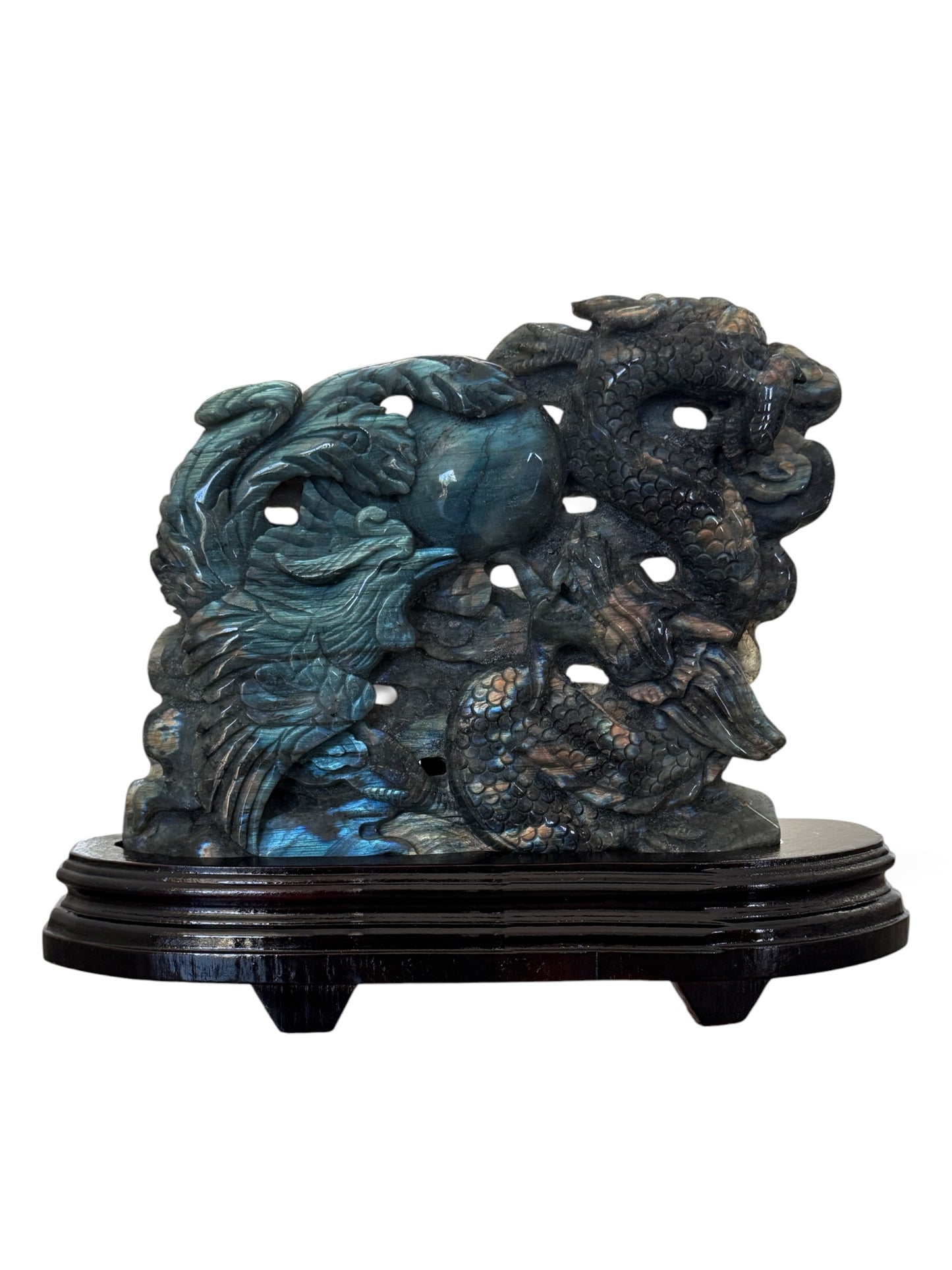 Large Labradorite Phoenix & Dragon Harmony Carving with Pearl, Blue Gold Flash, 1.5kg, 10×13" – Custom Wooden Stand Included