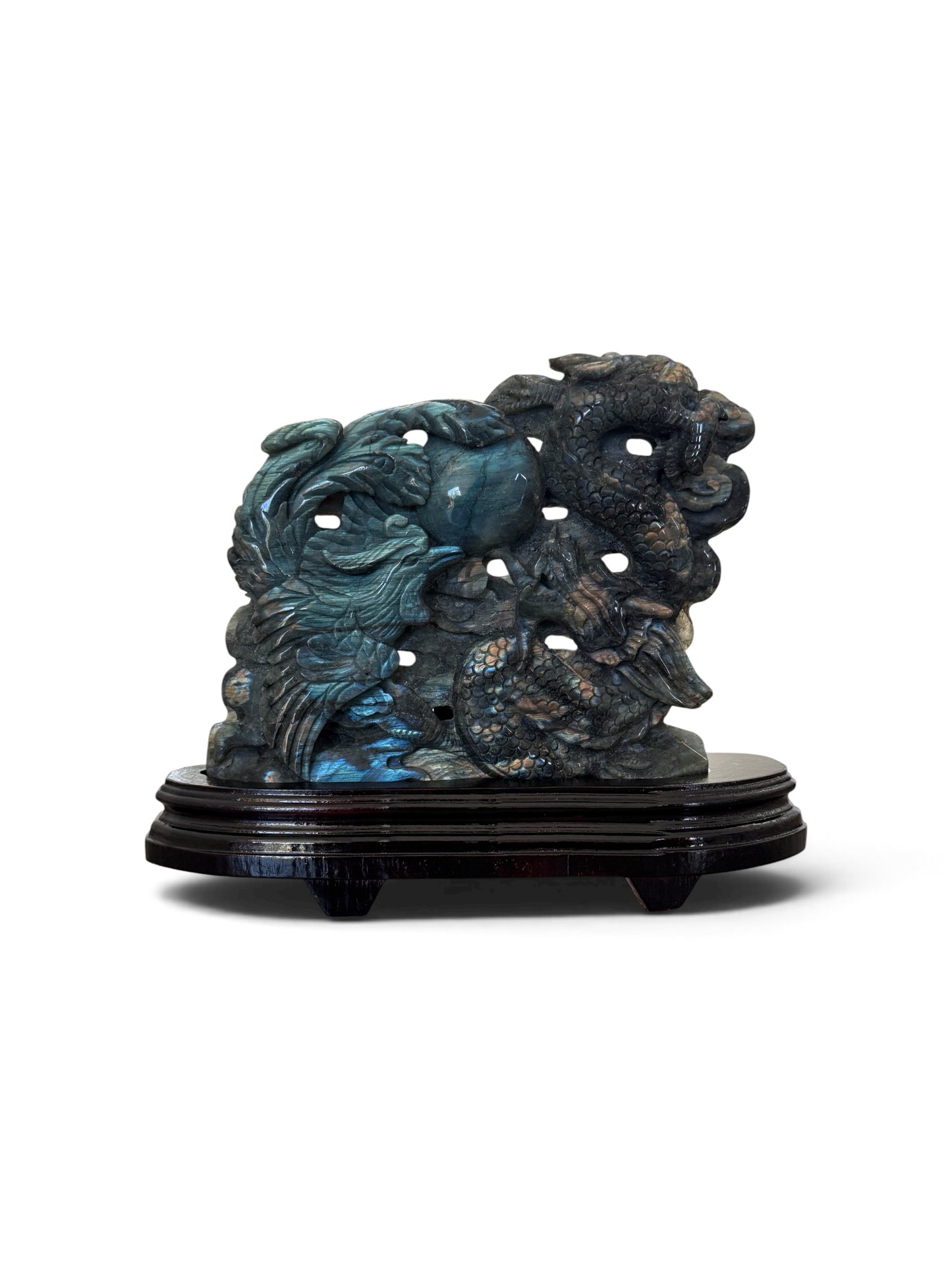 Large Labradorite Phoenix & Dragon Harmony Carving with Pearl, Blue Gold Flash, 1.5kg, 10×13" – Custom Wooden Stand Included