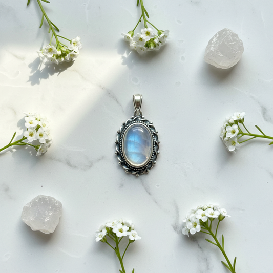 Moonstone Pendant – Marble Flat Lay