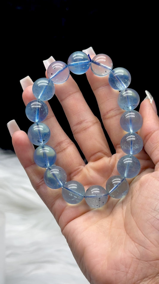 Gem Grade Aquamarine Crystal Bracelet – 14mm Premium Beads, Tourmaline inclusion in few beads,Calming Energy