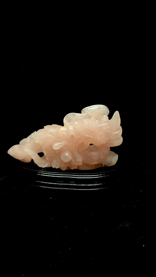 Rose Quartz Hand-Carved Dragon Sculpture – Genuine Crystal Carving on Wooden Stand | You Receive Exact Piece