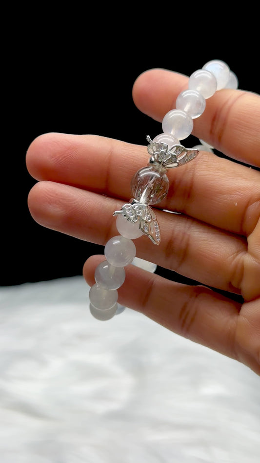 White Moonstone Bracelet with Rutile Quartz Center & Sterling Silver Butterfly Charm – 8mm Beads, Blue Flash, Stretch Cord